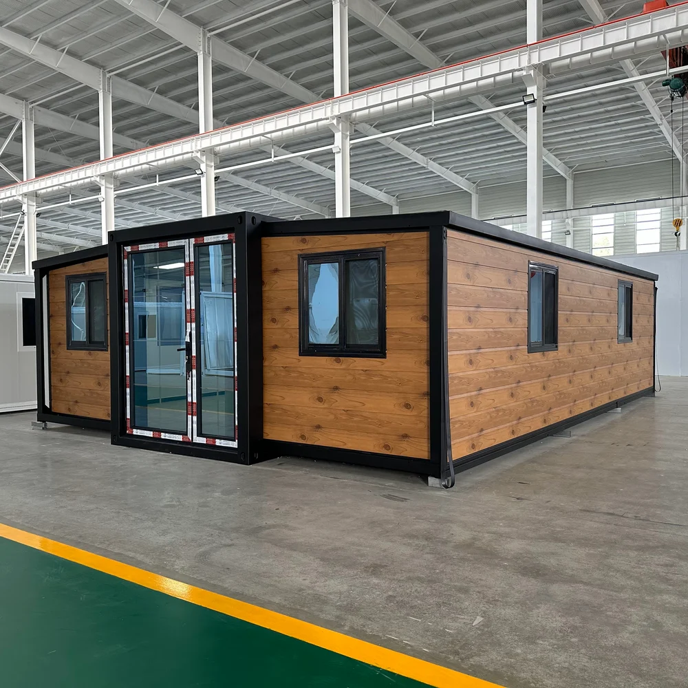 Wood-look exterior with dark framing, front windows and a long windowed side elevation.