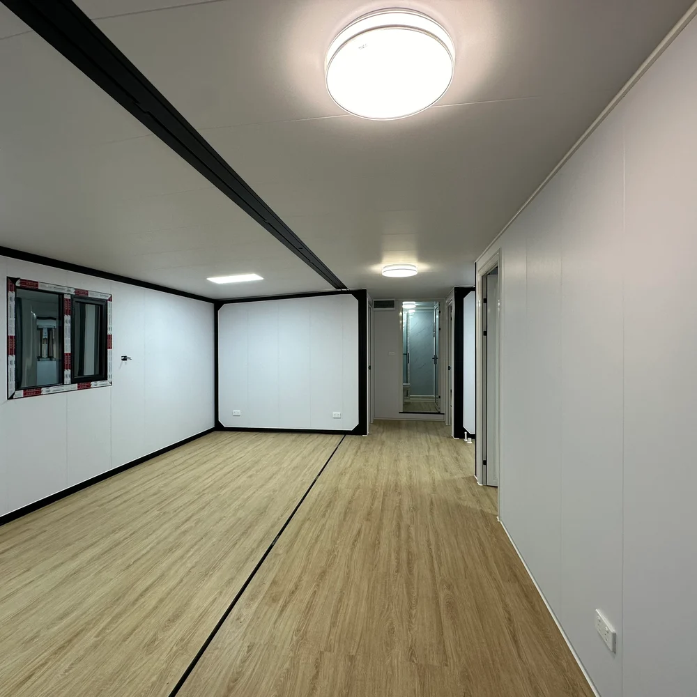 Long unfurnished interior with wood-look flooring, dark framing and doorways along one side.