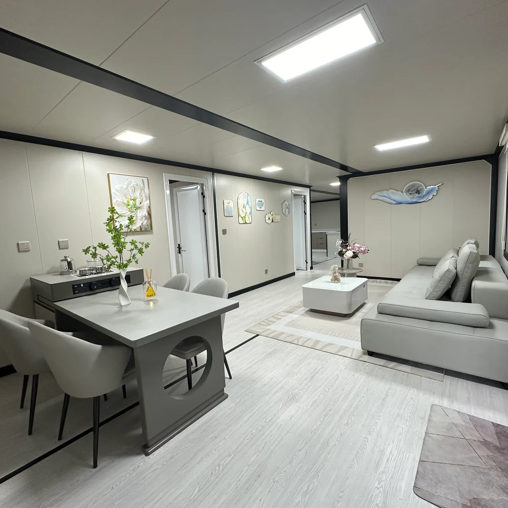 Furnished living and dining area with a sofa, dining table, cabinetry and light flooring.