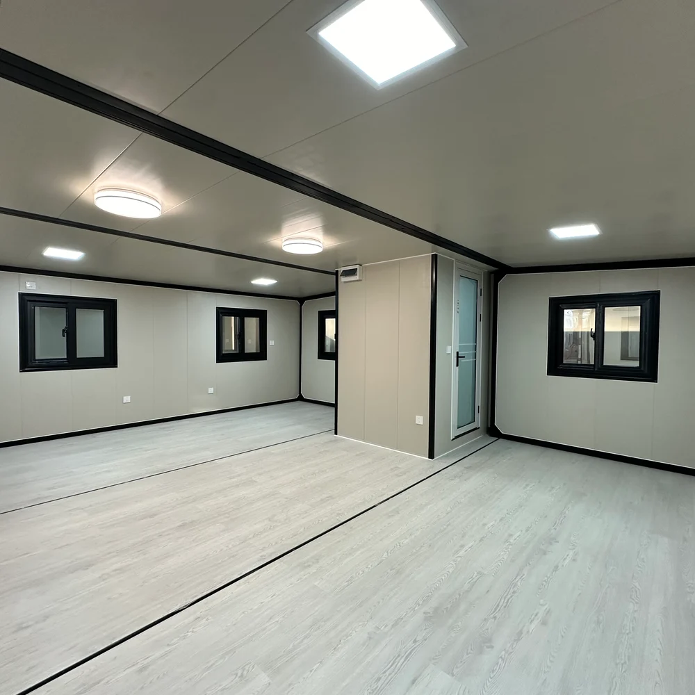 Unfurnished interior with pale flooring, dark framing and a central partition with doorways.