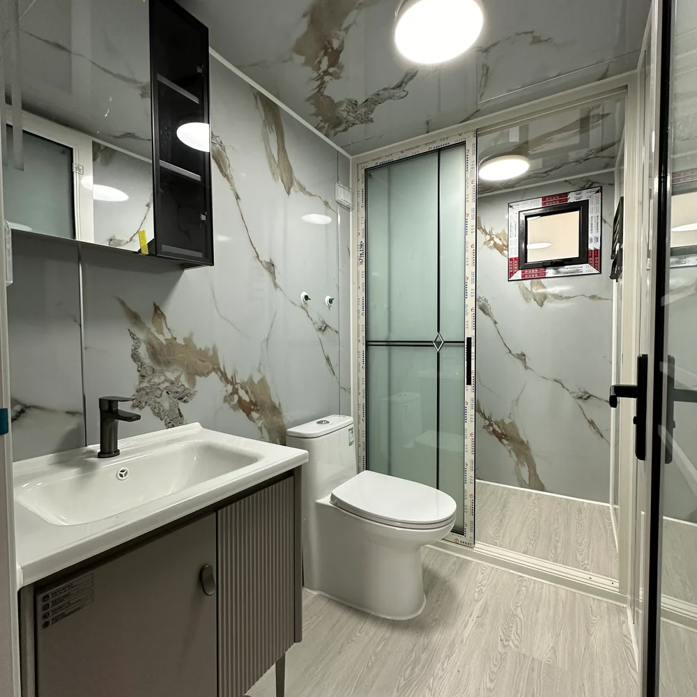 Bathroom with a basin cabinet, mirrored storage, toilet and enclosed shower.