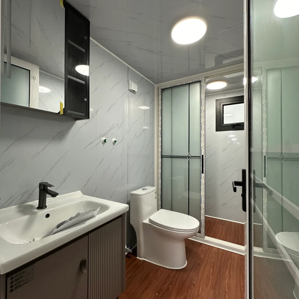 Bathroom with a basin cabinet, mirrored storage, toilet and glass shower enclosure.