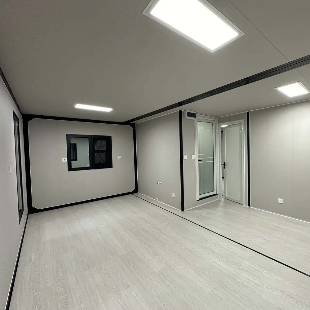 Qinbo Modern 20 — Unfurnished Interior — Room Partitions Unfurnished interior with pale wood-look flooring, dark ceiling framing, a rear window and partitioned rooms.