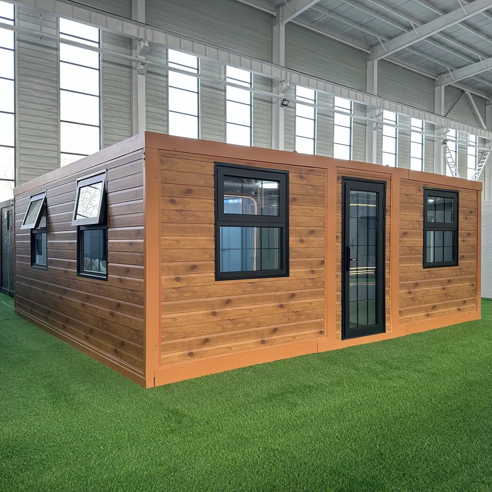 Qinbo Modern 20 — Wood-Look Exterior — Front-Left View Wood-look expandable home viewed from the front-left corner, with upper side-window sections open.
