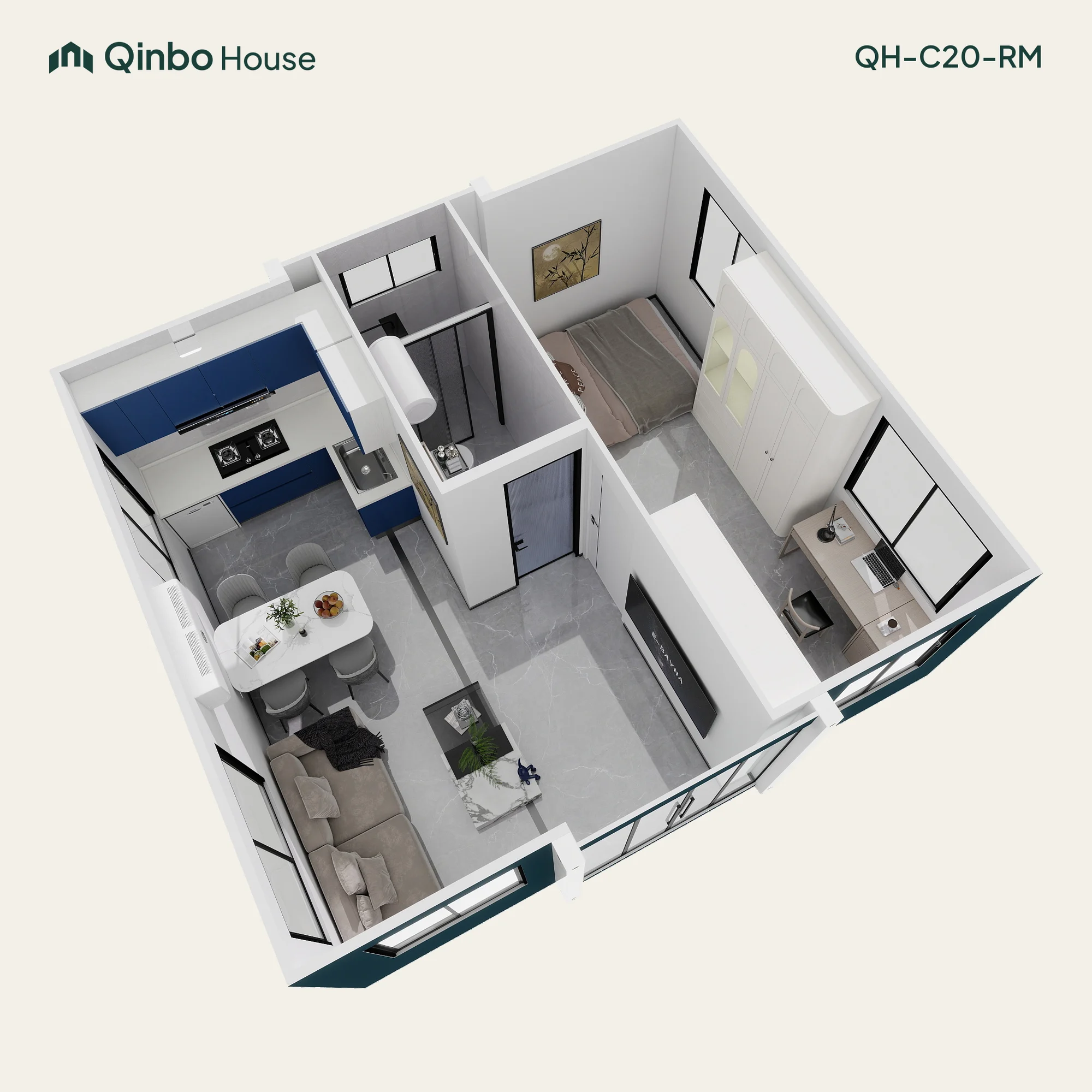 Qinbo Classic 20 1-bedroom 3D layout, bedroom along one side, with one bathroom and shared living and kitchen areas.