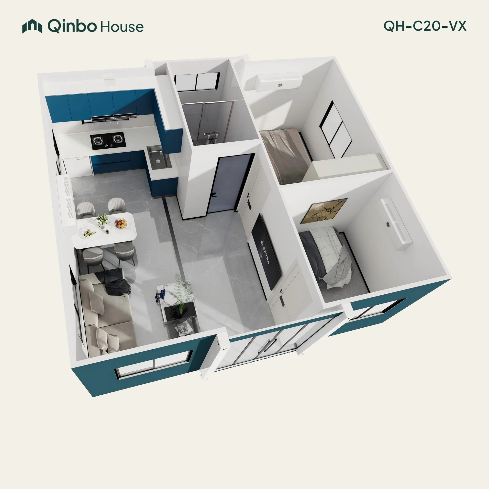 Qinbo Classic 20 2-bedroom 3D layout, along one side, with one bathroom and shared living and kitchen areas.