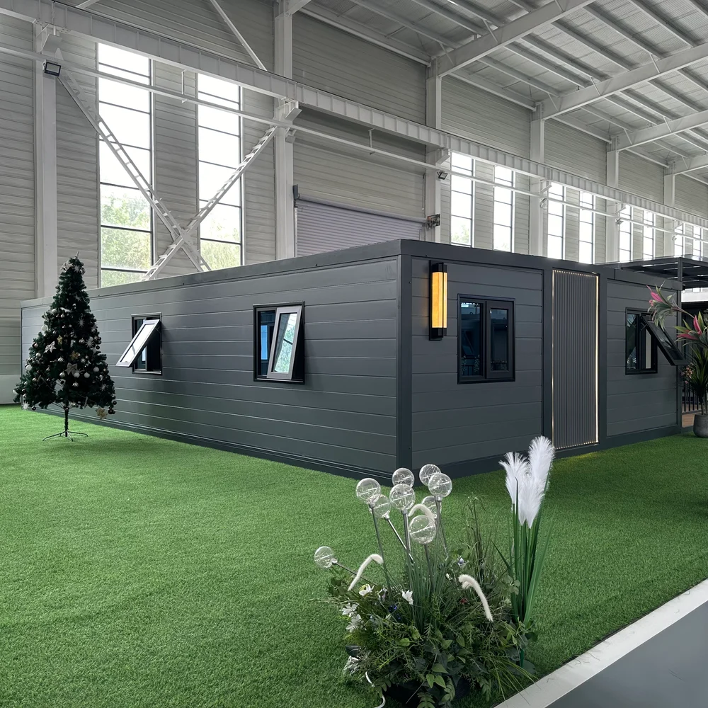 Grey display exterior — side windows Grey display home with side windows, illuminated wall lights and a planted display area.