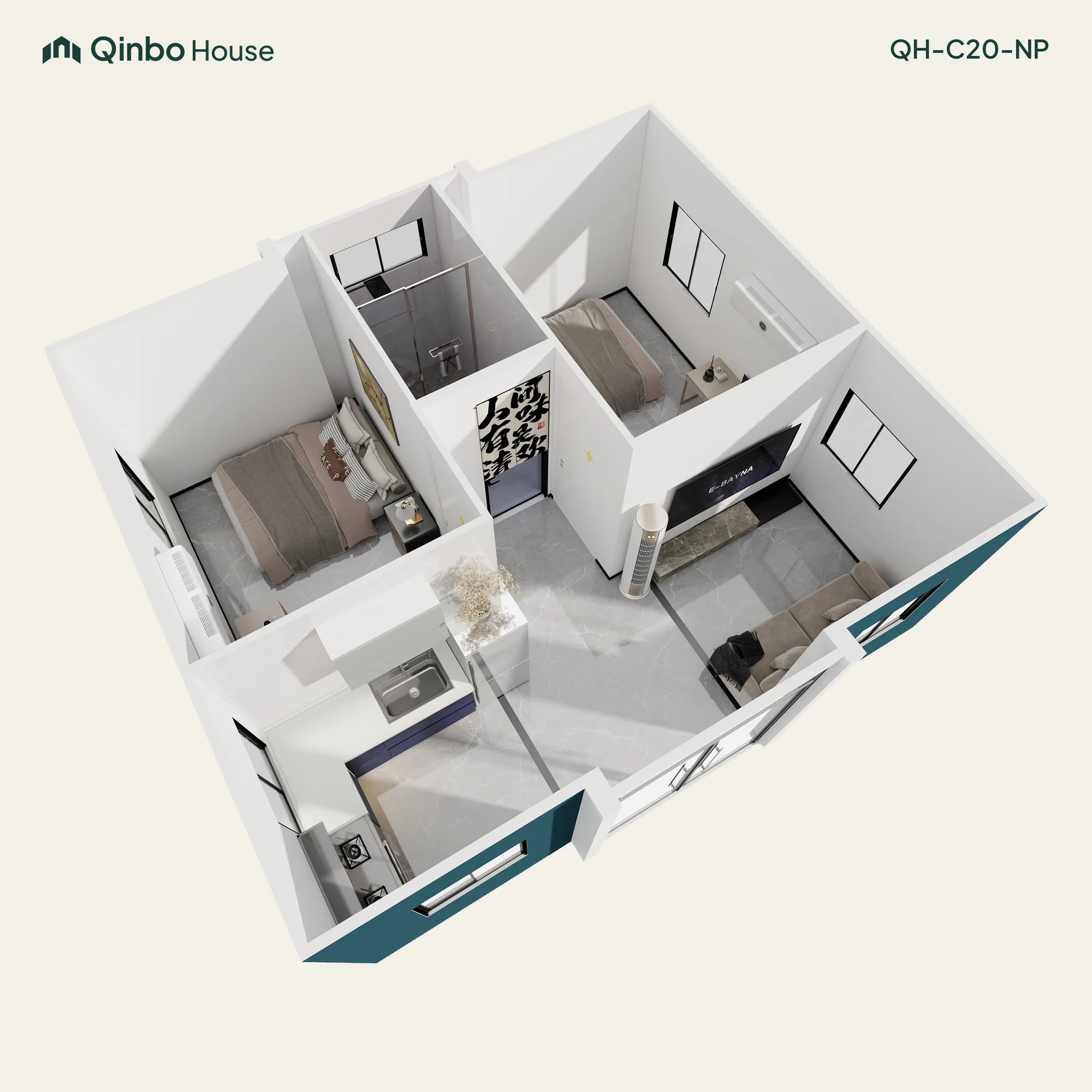 Qinbo Classic 20 2-bedroom 3D layout, together at one end, with one bathroom and shared living and kitchen areas.