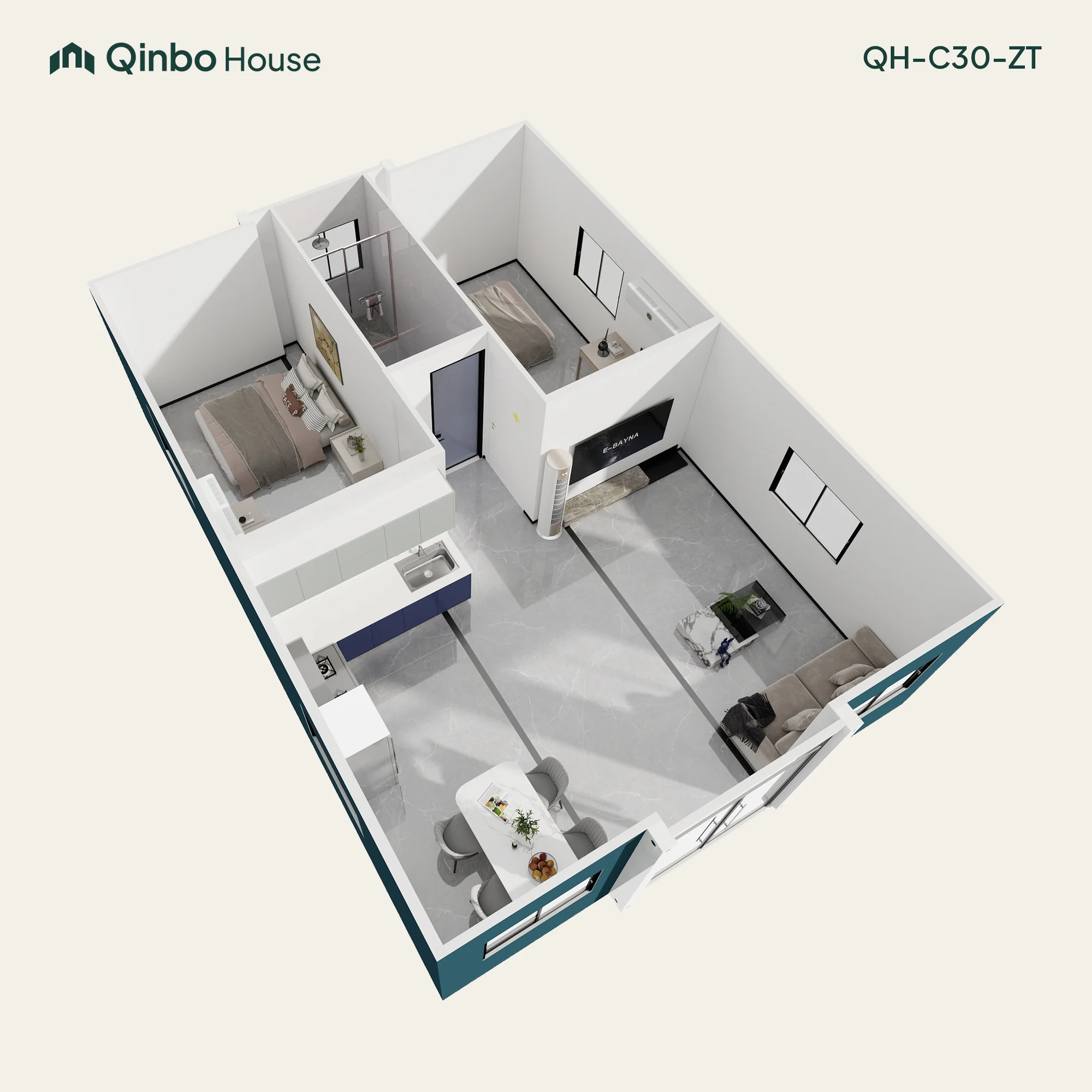Qinbo Classic 30 2-bedroom 3D layout, together at one end, with one bathroom and shared living and kitchen areas.