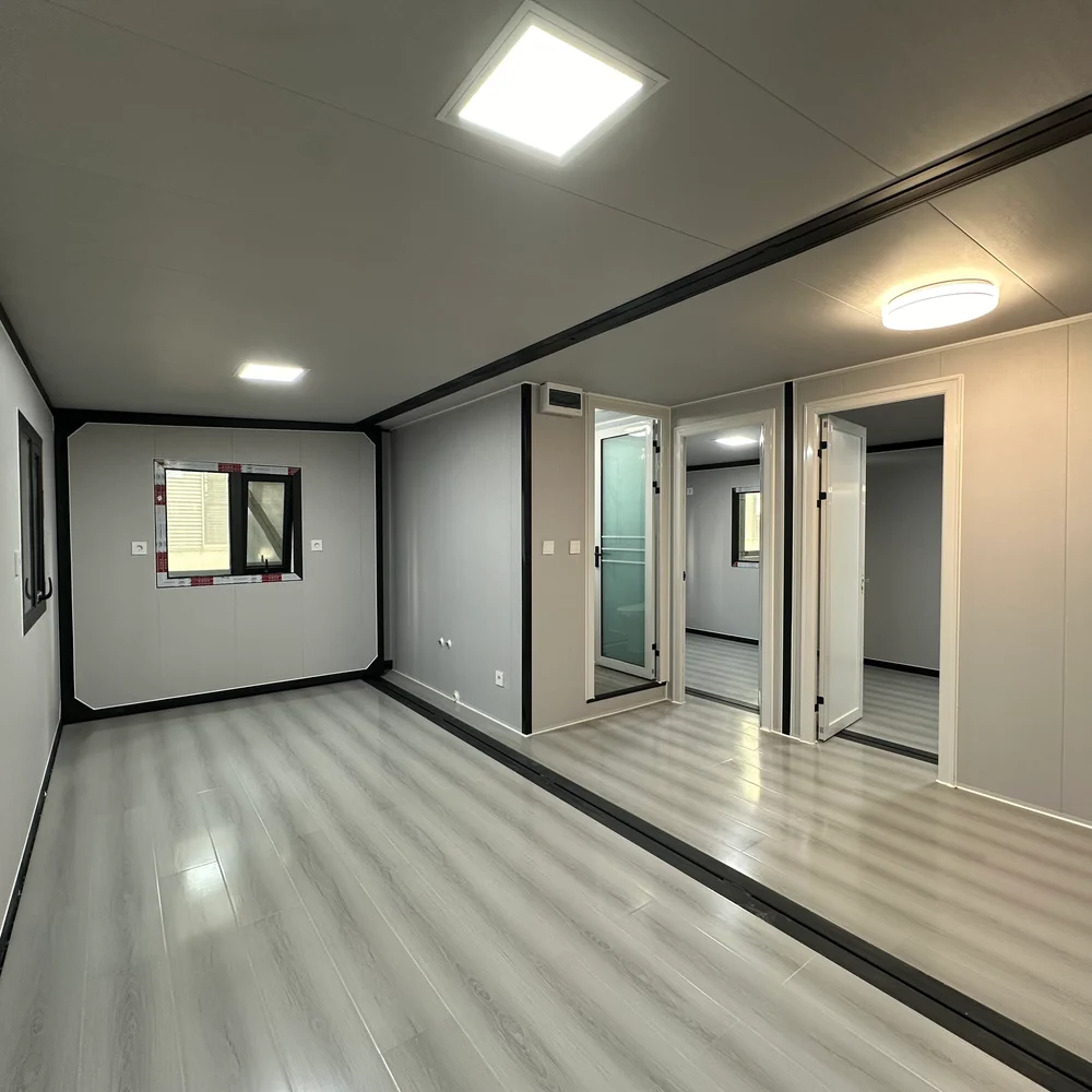 Interior — grey flooring Unfurnished interior with grey wood-look flooring, a dark-framed window and partitioned spaces.