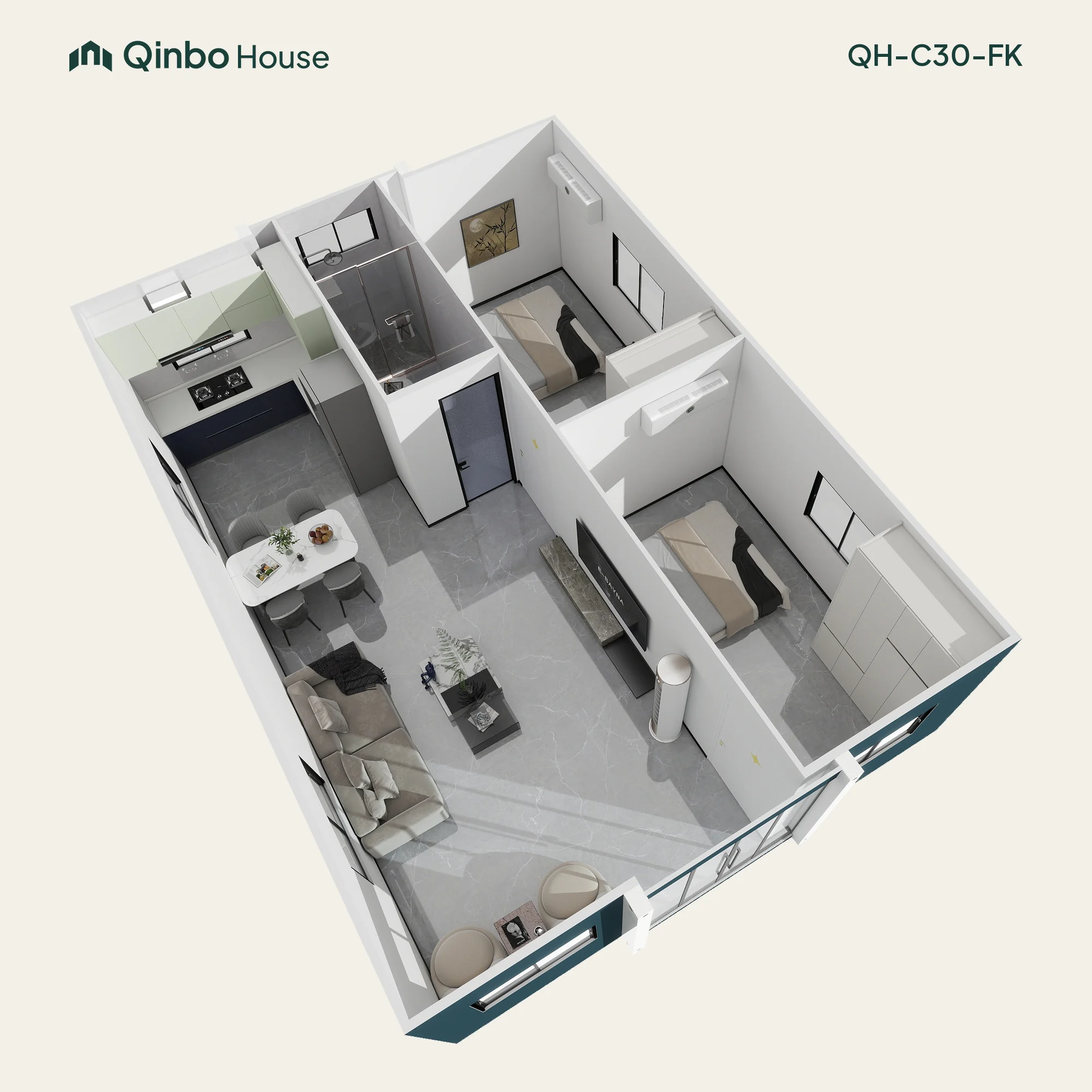 Qinbo Classic 30 2-bedroom 3D layout, along one side, with one bathroom and shared living and kitchen areas.