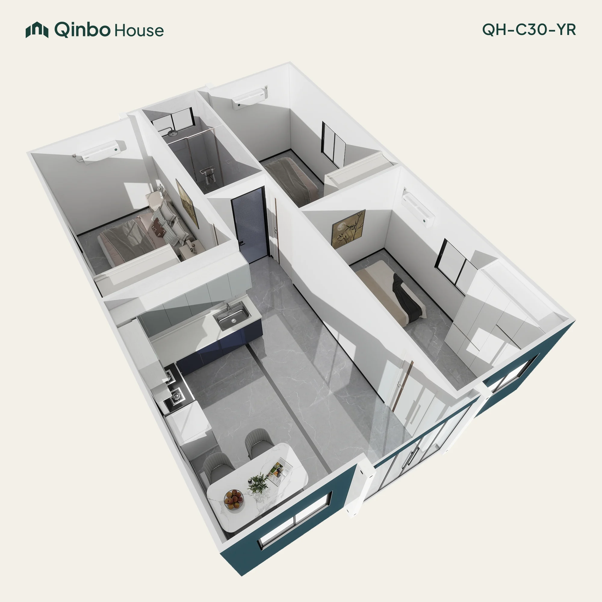Qinbo Classic 30 3-bedroom 3D layout, on both sides, with one bathroom and shared living and kitchen areas.