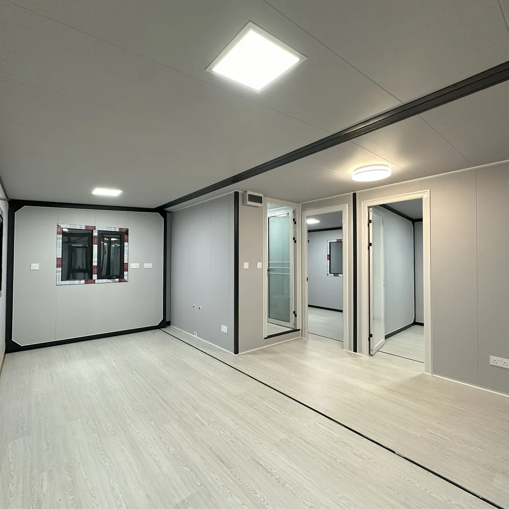 Interior — pale floor and windows Unfurnished interior with pale flooring, dark-framed windows and several open doorways.