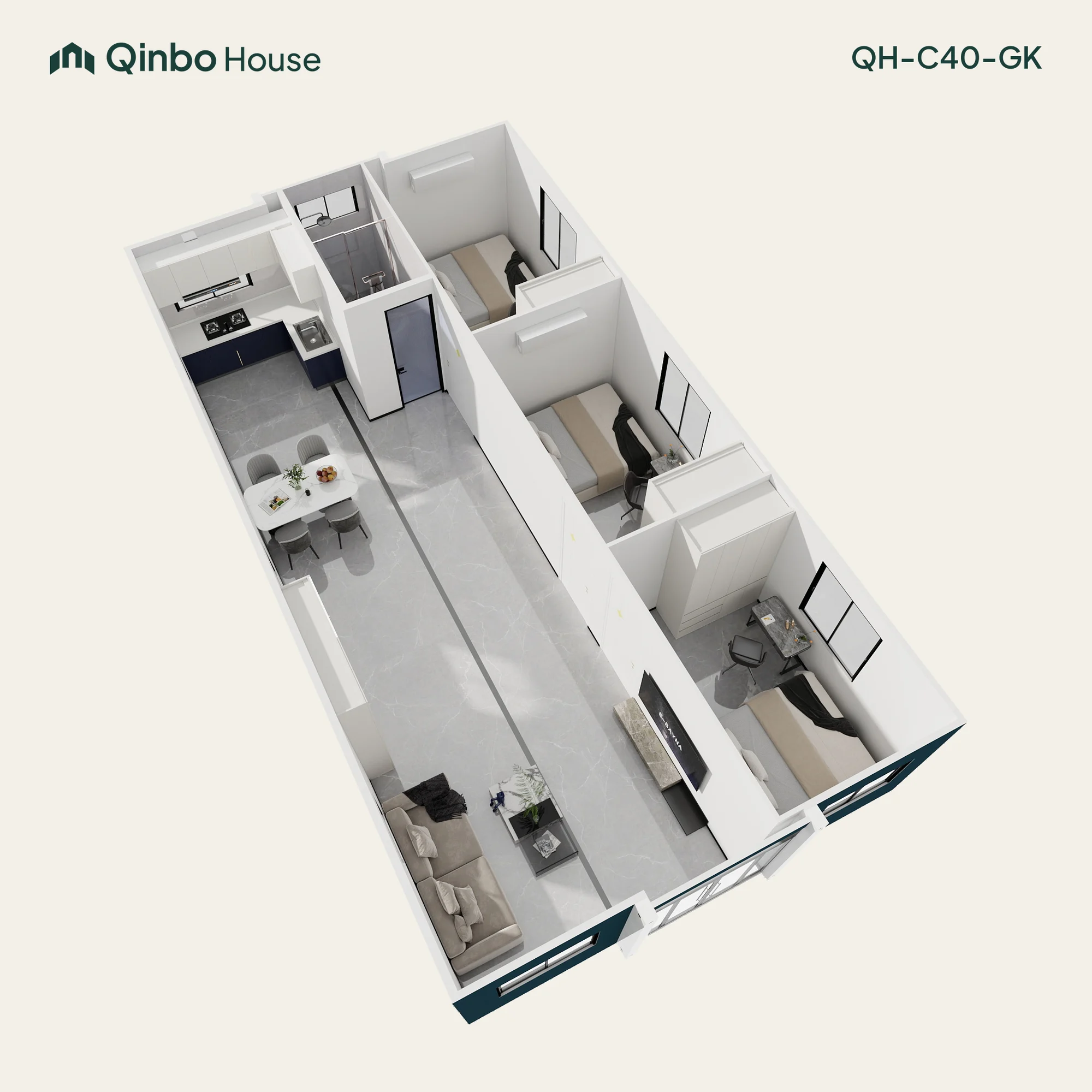 Qinbo Classic 40 3-bedroom 3D layout, along one side, with one bathroom and shared living and kitchen areas.