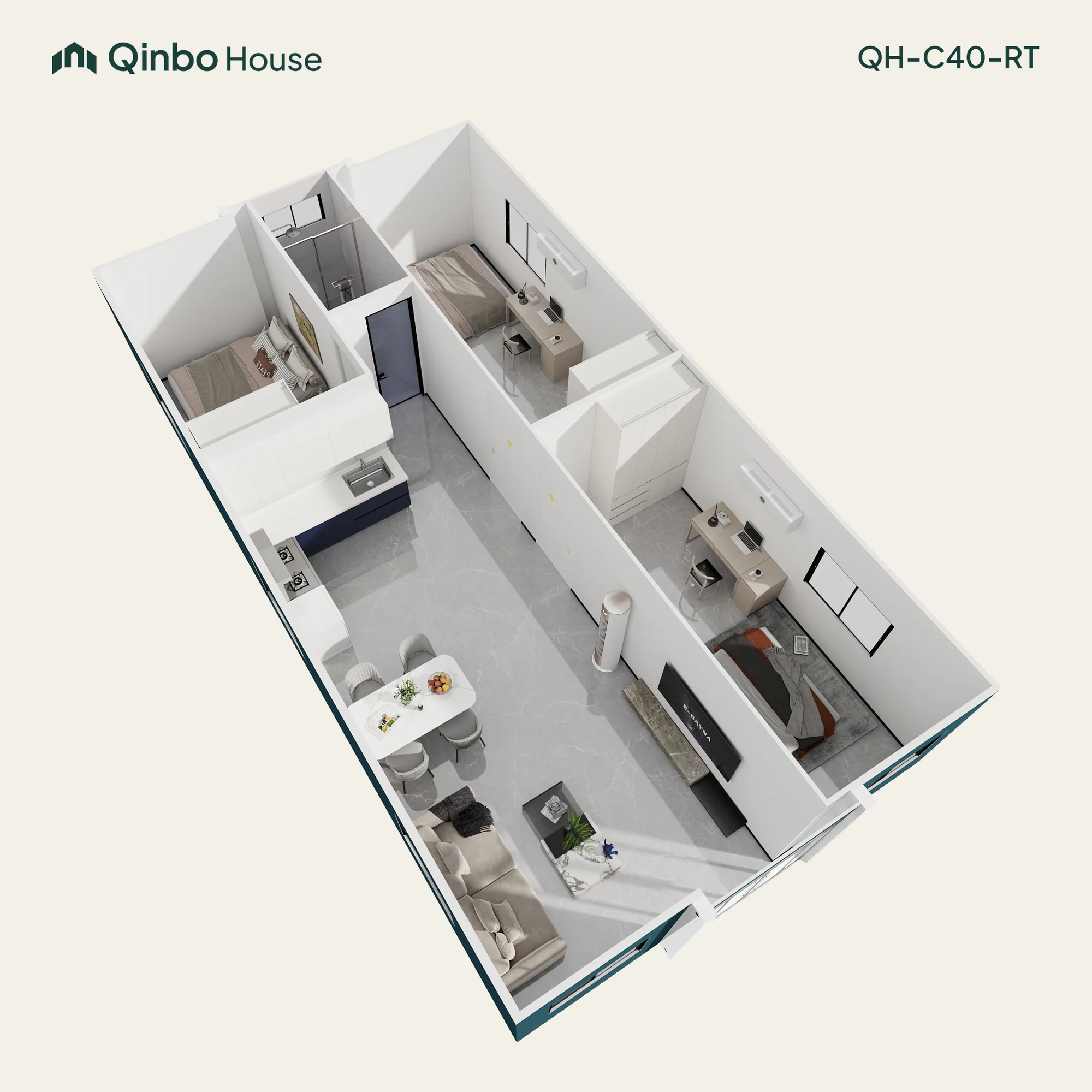 Qinbo Classic 40 3-bedroom 3D layout, on both sides, with one bathroom and shared living and kitchen areas.