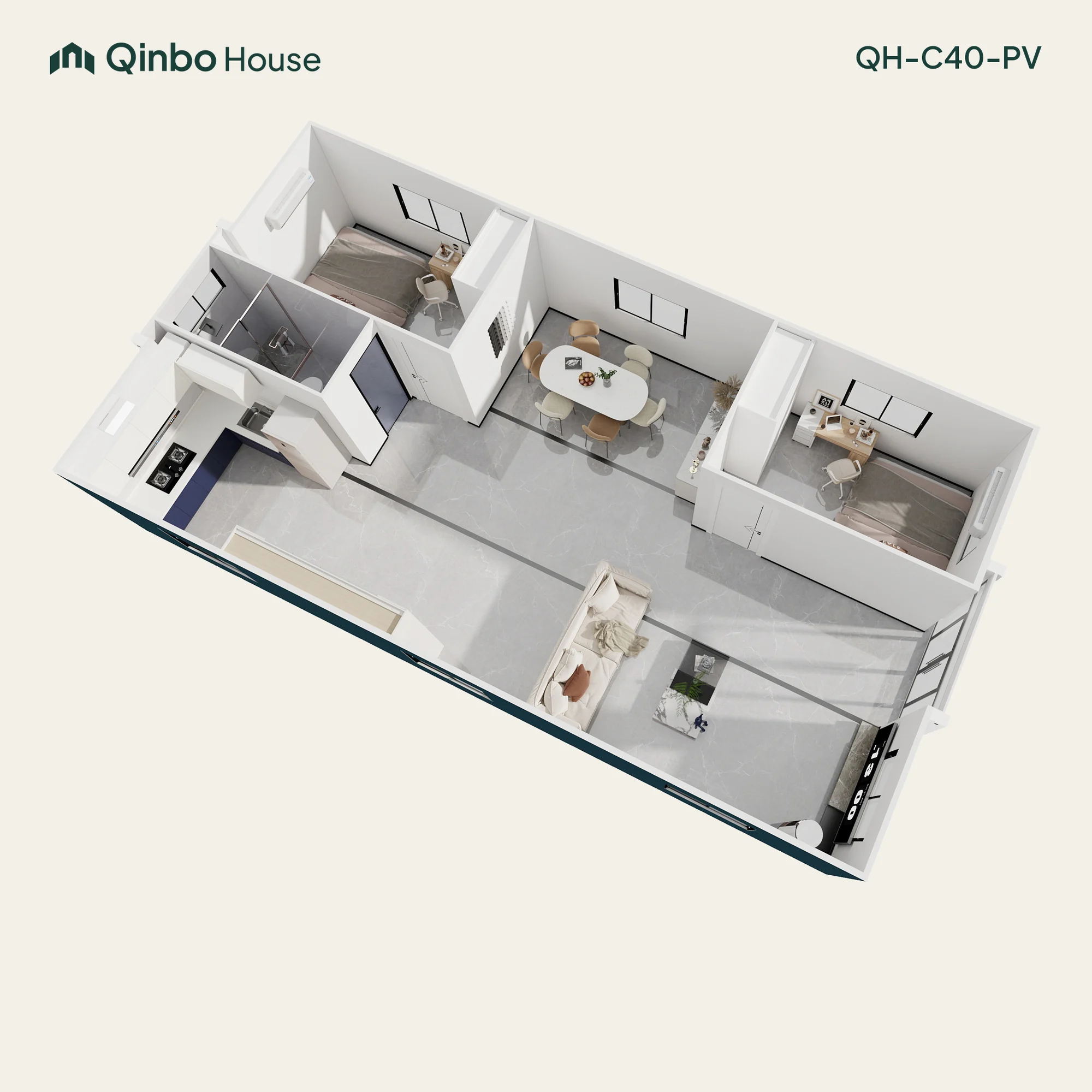 Qinbo Classic 40 2-bedroom 3D layout, at opposite ends, with one bathroom and shared living and kitchen areas.