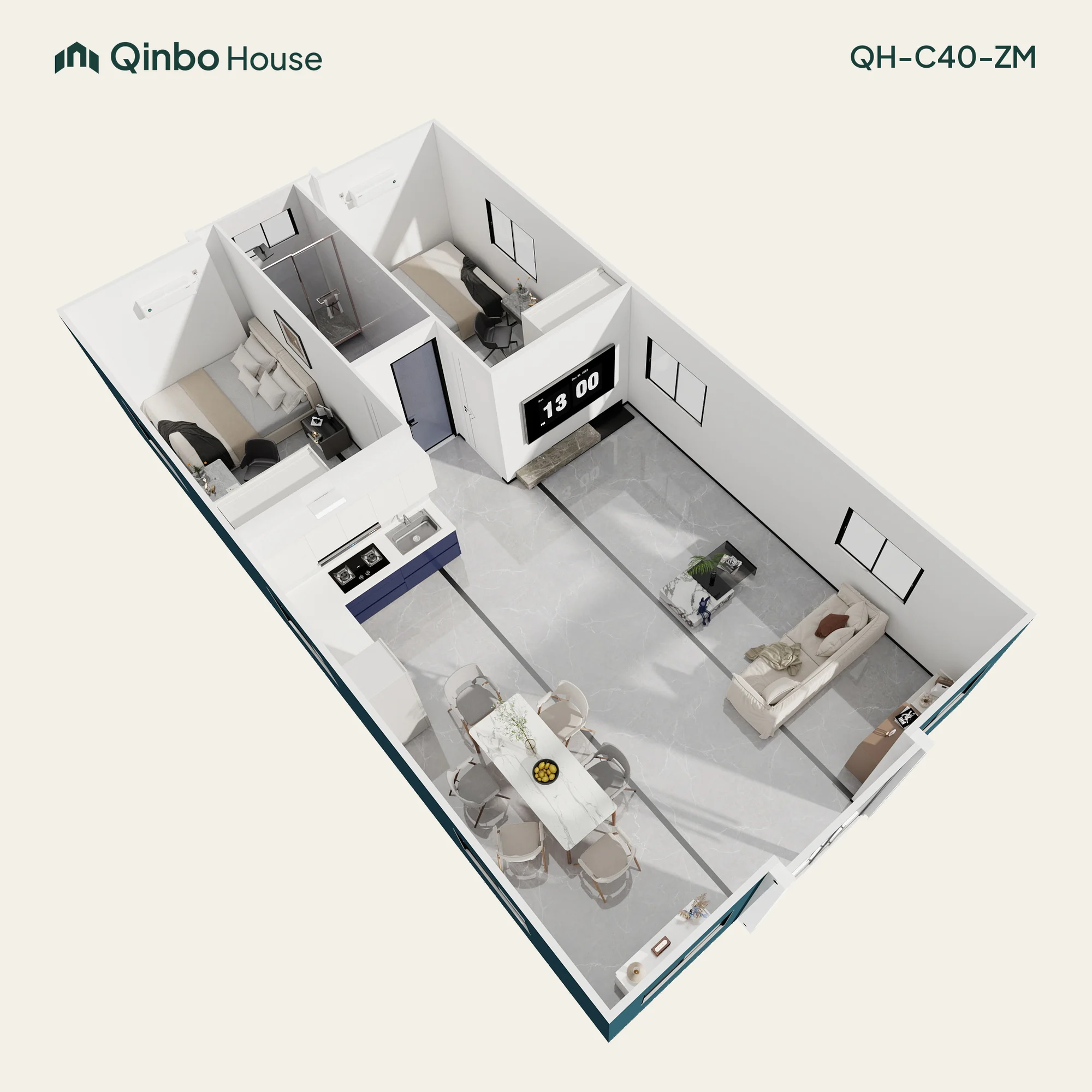 Qinbo Classic 40 2-bedroom 3D layout, together at one end, with one bathroom and shared living and kitchen areas.