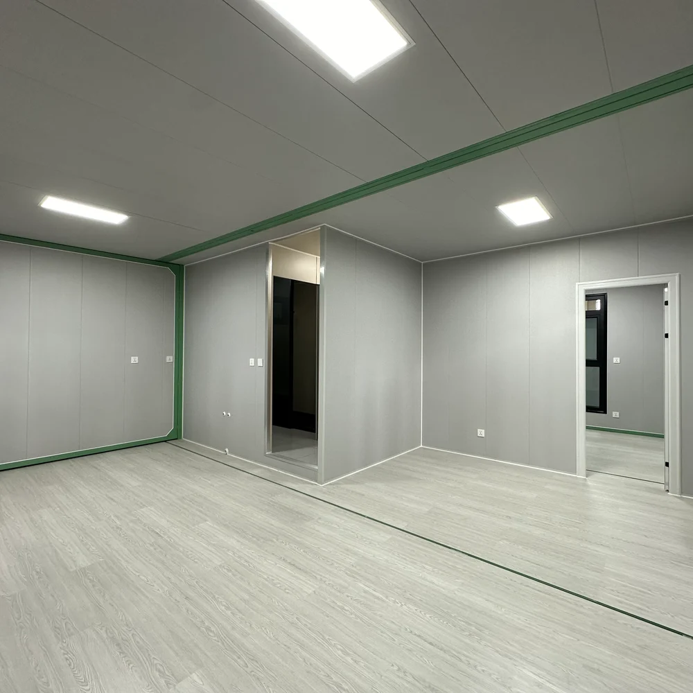 Qinbo Modern 20 — Unfurnished Interior — Green Framing Unfurnished interior with green framing, pale wood-look flooring and partitions with open doorways.