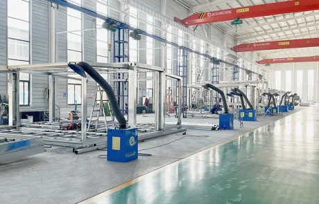 03-qinbo-factory-frame-workstations Steel house frames beside extraction equipment at factory workstations.