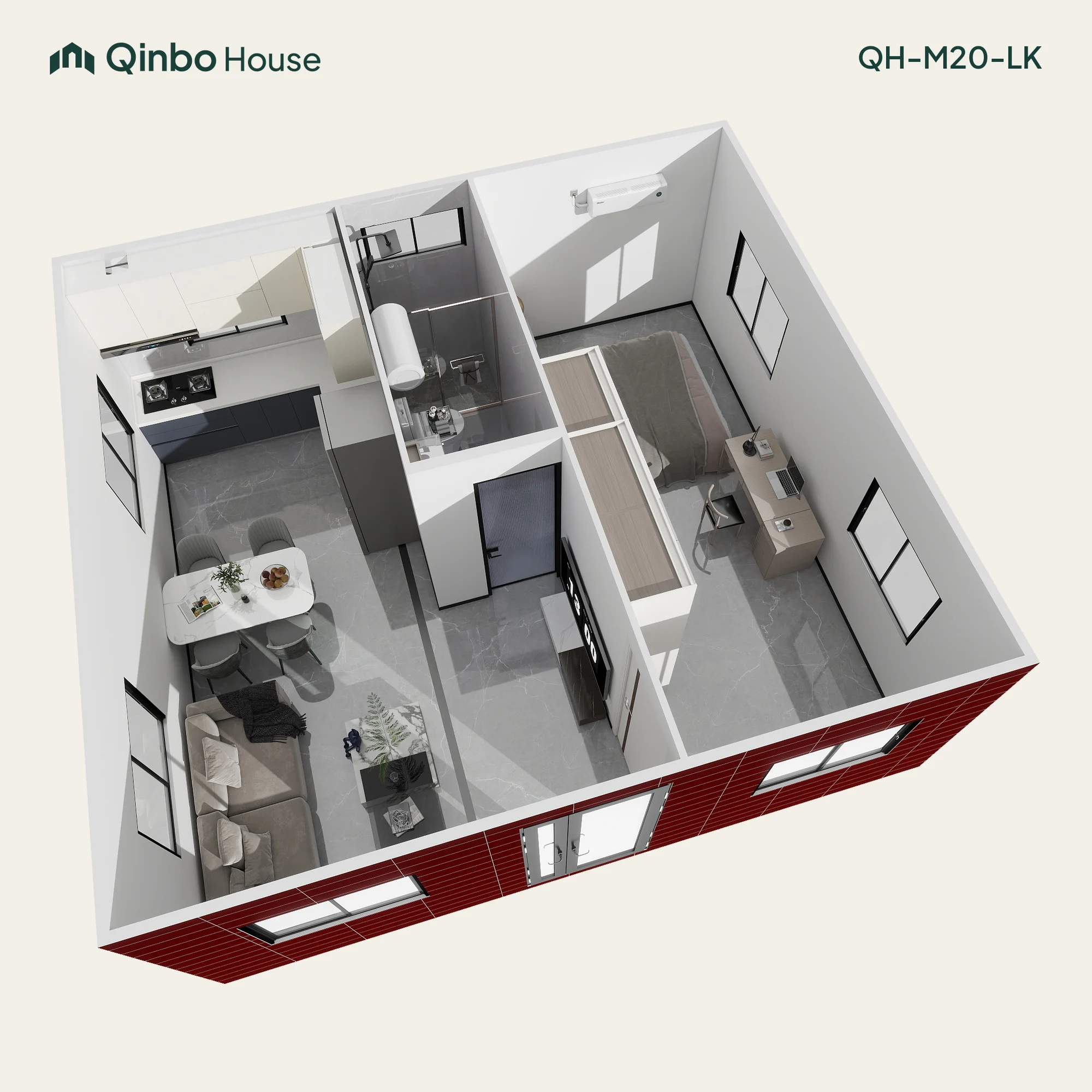 3D floor plan showing one bedroom with a desk, a bathroom, and an open kitchen, dining and living area.