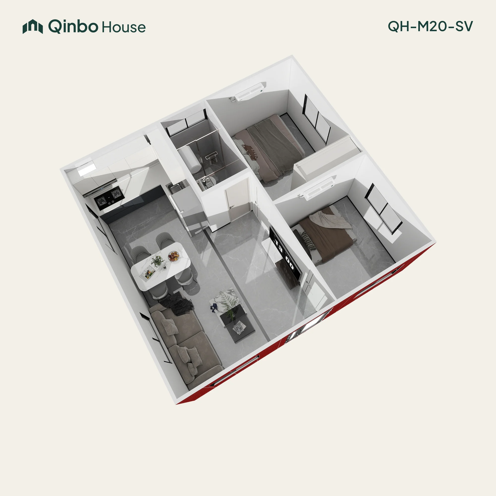 3D floor plan showing two bedrooms, a bathroom, and a shared kitchen, dining and living area.