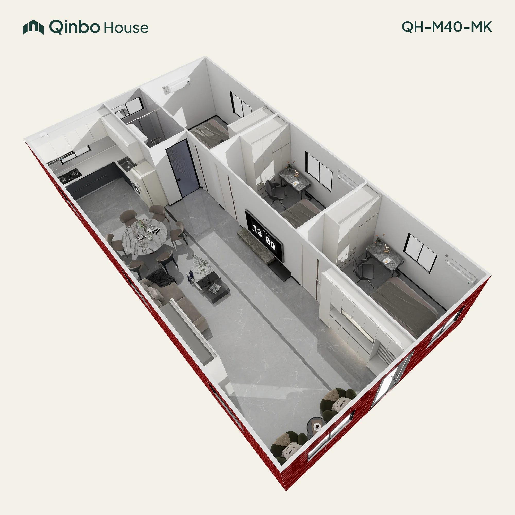 Qinbo Modern 40 3-bedroom 3D layout, along one side, with one bathroom and shared living and kitchen areas.