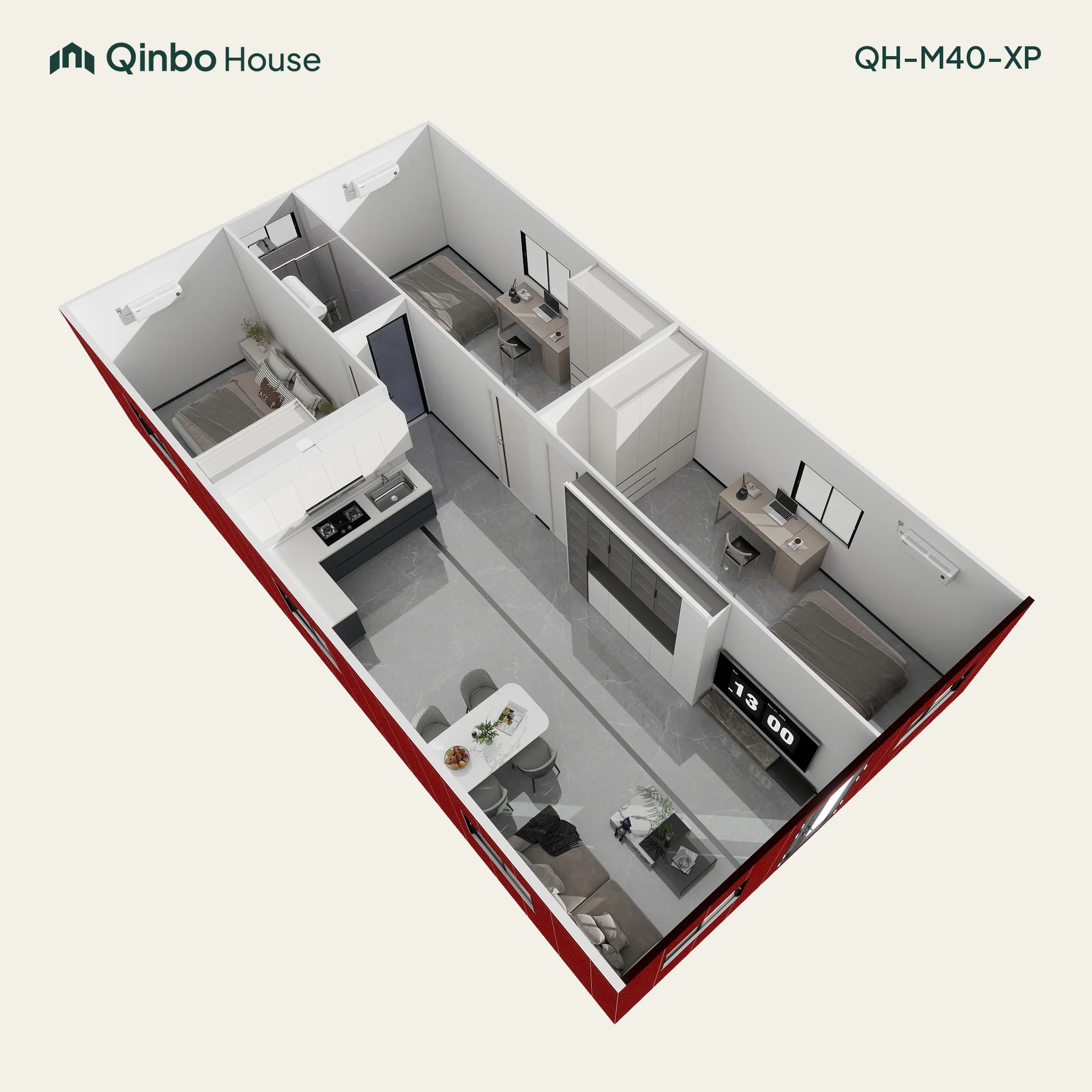 Qinbo Modern 40 3-bedroom 3D layout, on both sides, with one bathroom and shared living and kitchen areas.