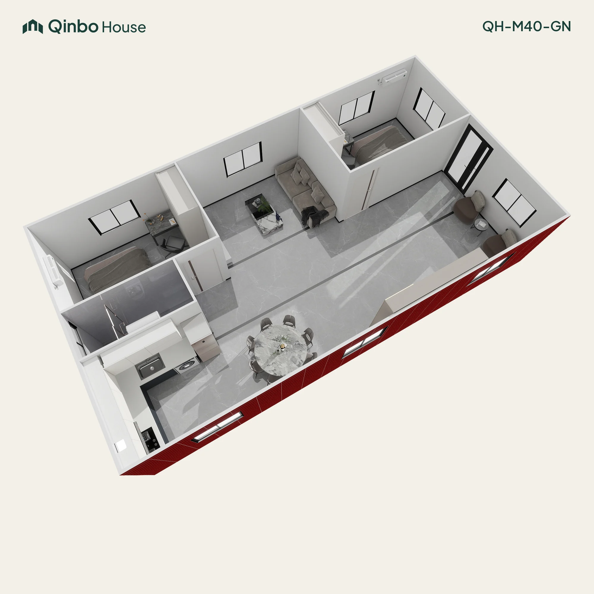 Qinbo Modern 40 2-bedroom 3D layout, opposite ends, with one bathroom and shared living and kitchen areas.