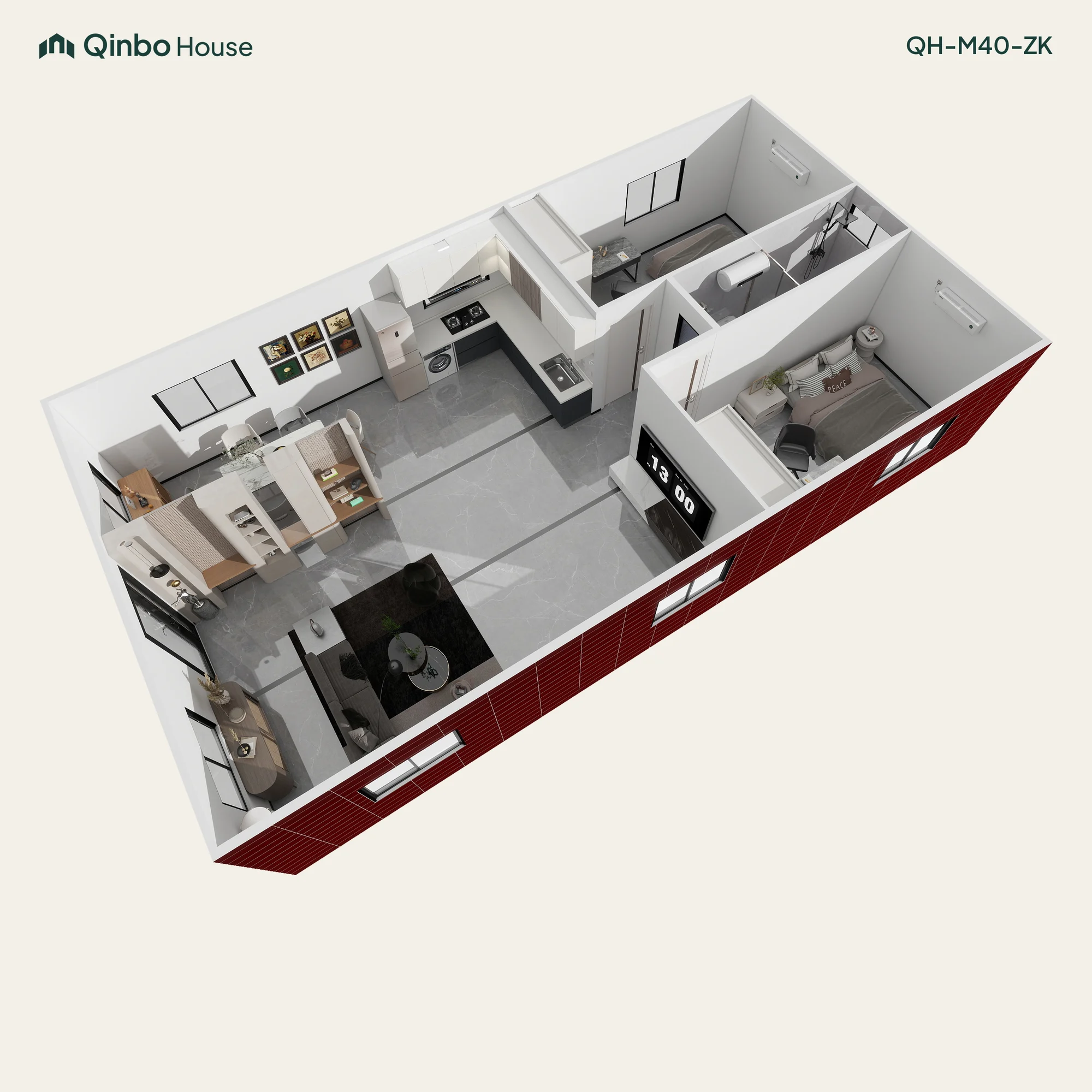 Qinbo Modern 40 2-bedroom 3D layout, together at one end, with one bathroom and shared living and kitchen areas.
