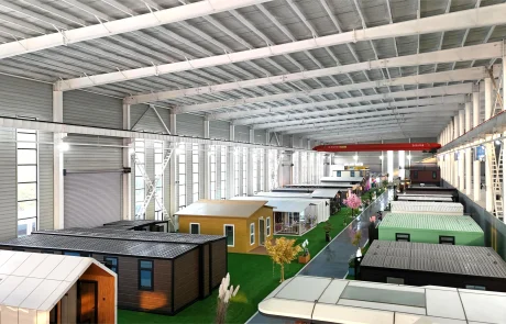 06-qinbo-factory-factory-display-area Elevated view of display homes arranged inside the factory showroom.