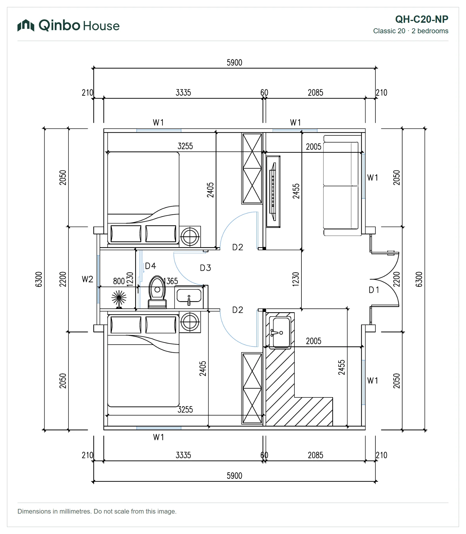 Qinbo Classic 20 — 2 bedrooms, together at one end — QH-C20-NP — 2D floor plan Qinbo Classic 20 2-bedroom floor plan, together at one end, showing room arrangement and dimensions.