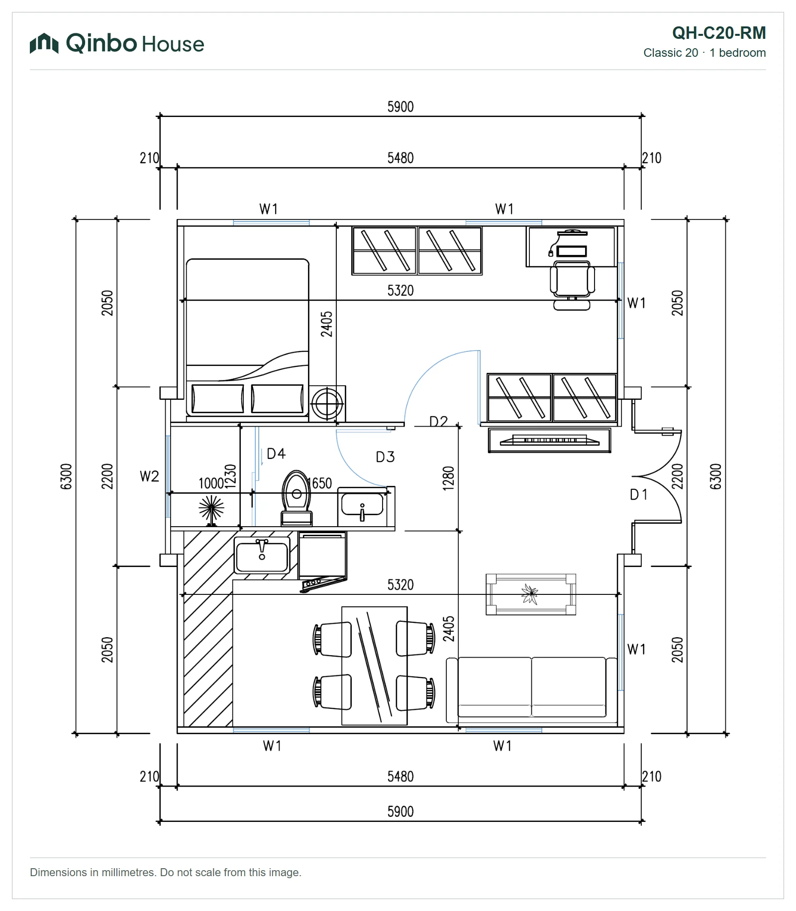Qinbo Classic 20 — 1 bedroom, bedroom along one side — QH-C20-RM — 2D floor plan Qinbo Classic 20 1-bedroom floor plan, bedroom along one side, showing room arrangement and dimensions.