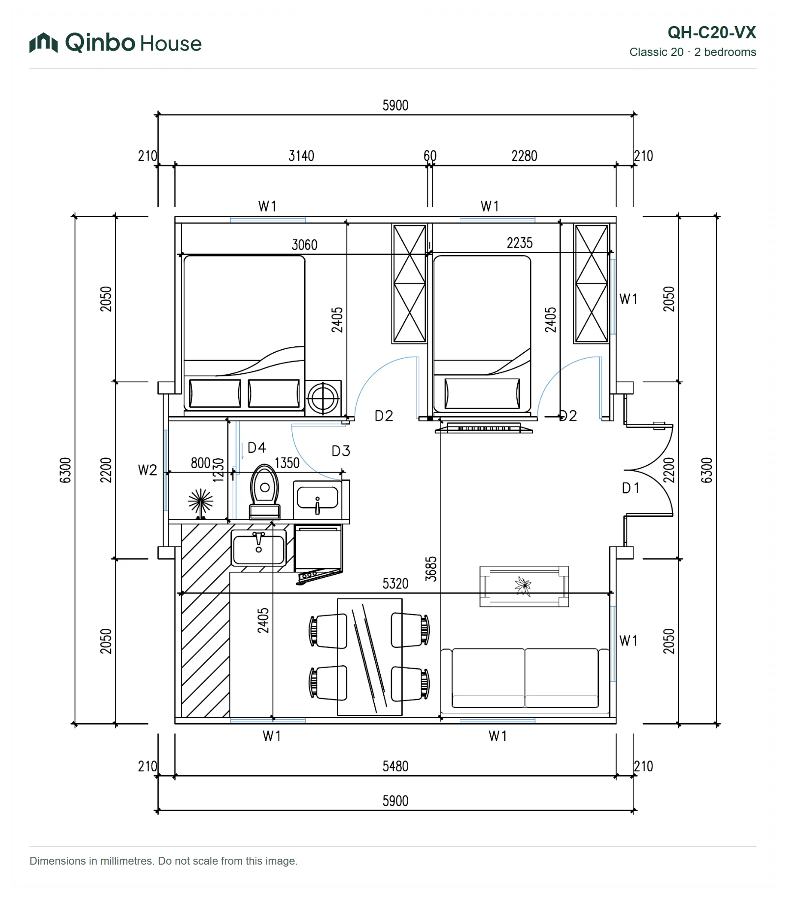 Qinbo Classic 20 — 2 bedrooms, along one side — QH-C20-VX — 2D floor plan Qinbo Classic 20 2-bedroom floor plan, along one side, showing room arrangement and dimensions.