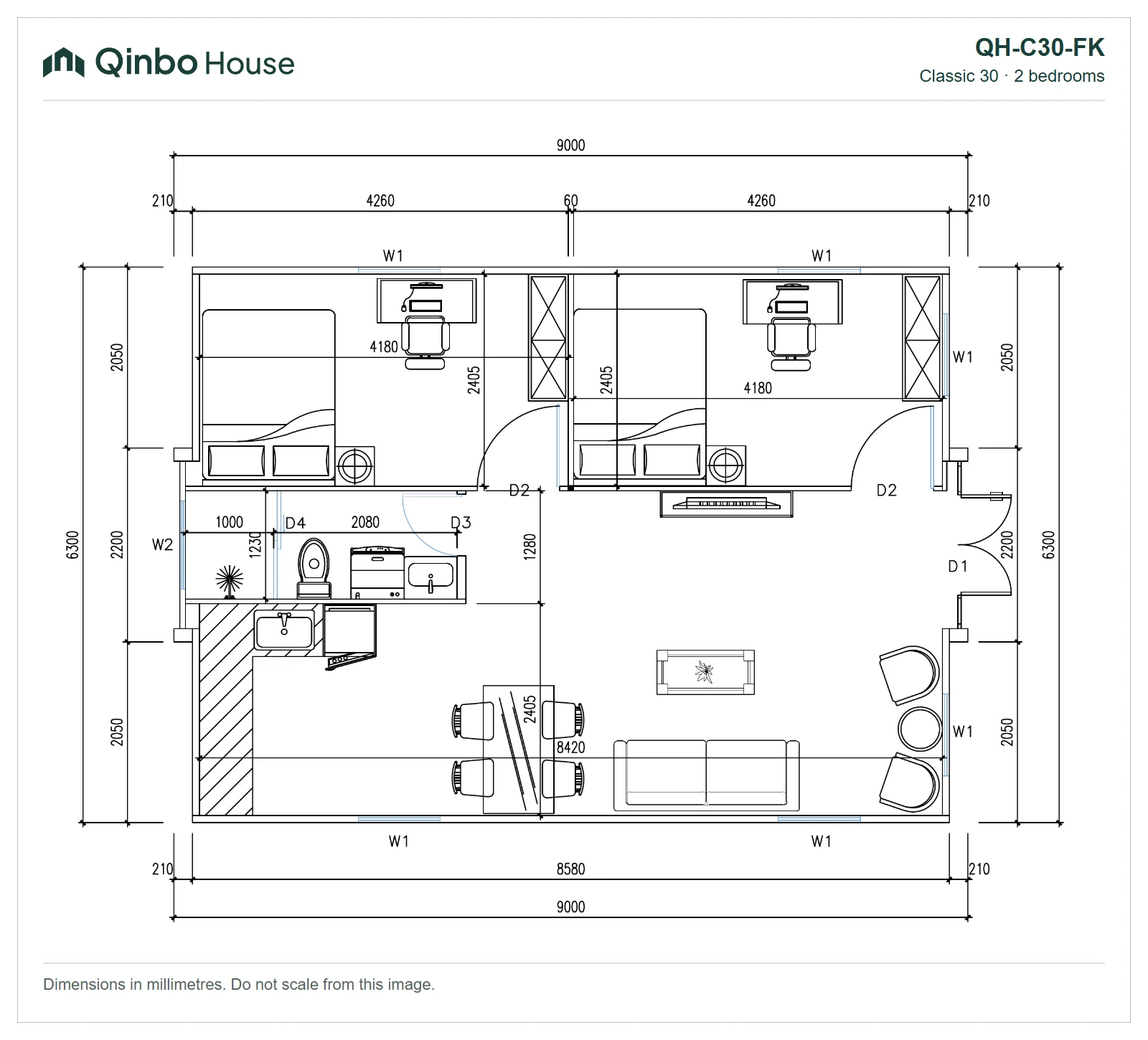 Qinbo Classic 30 — 2 bedrooms, along one side — QH-C30-FK — 2D floor plan Qinbo Classic 30 2-bedroom floor plan, along one side, showing room arrangement and dimensions.