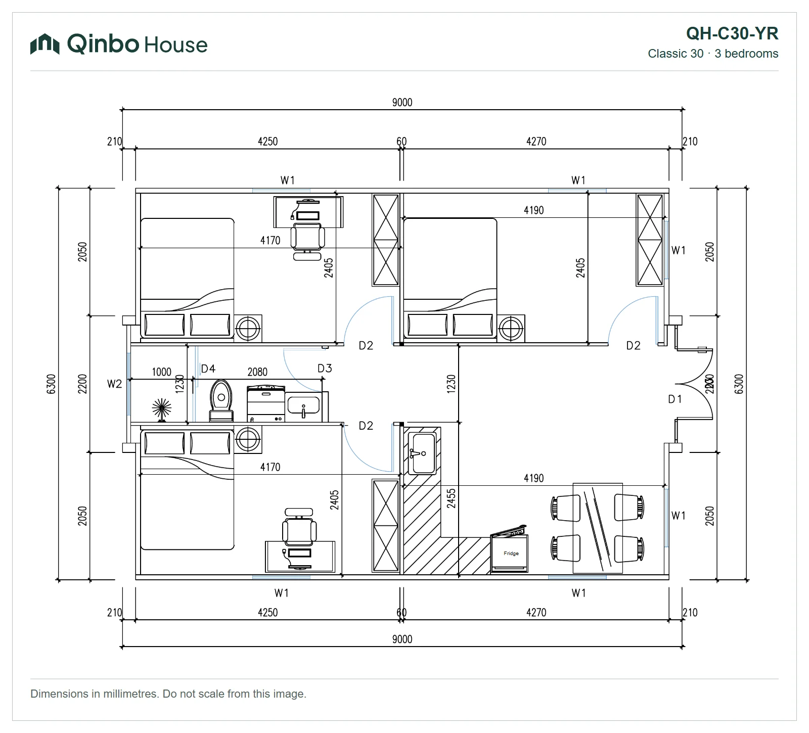 Qinbo Classic 30 — 3 bedrooms, on both sides — QH-C30-YR — 2D floor plan Qinbo Classic 30 3-bedroom floor plan, on both sides, showing room arrangement and dimensions.