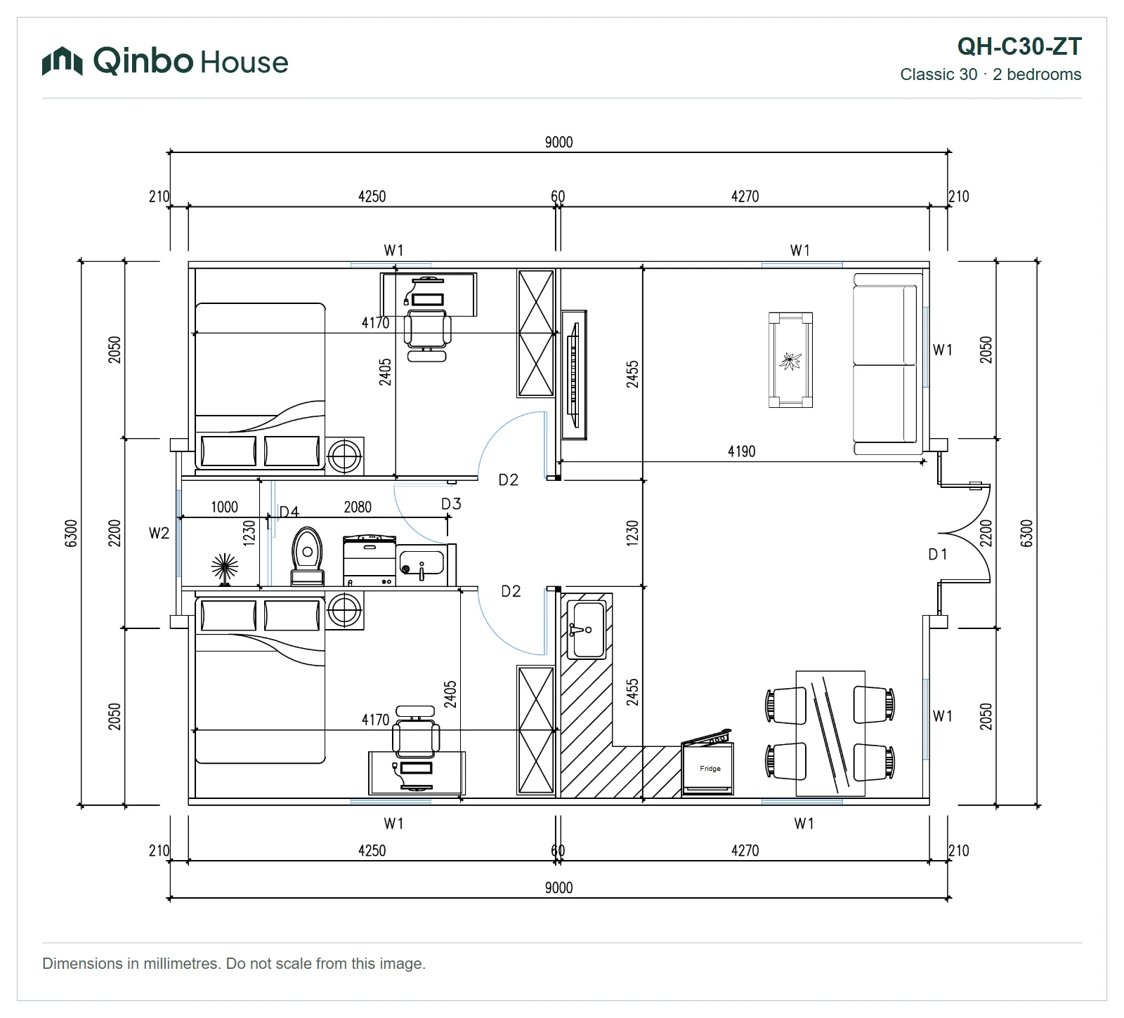 Qinbo Classic 30 — 2 bedrooms, together at one end — QH-C30-ZT — 2D floor plan Qinbo Classic 30 2-bedroom floor plan, together at one end, showing room arrangement and dimensions.