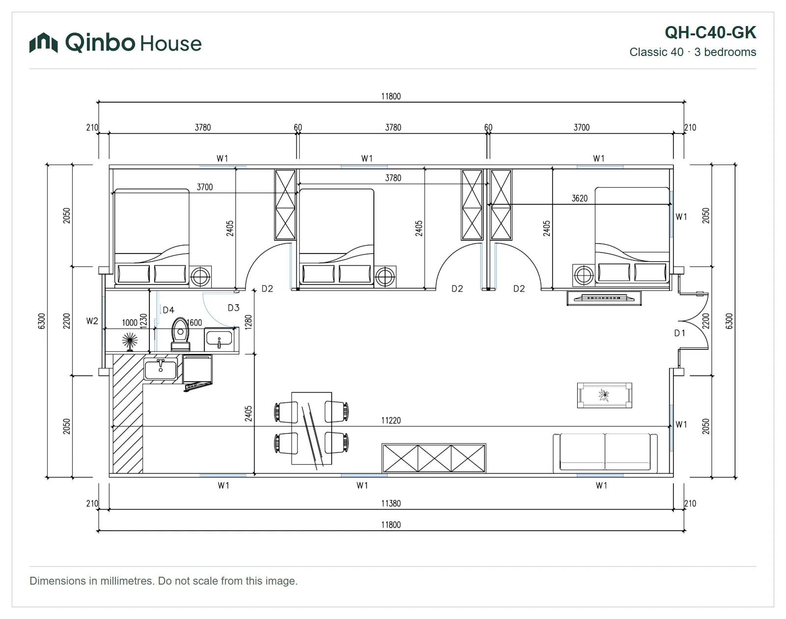 Qinbo Classic 40 3-bedroom floor plan, along one side, showing room arrangement and dimensions.