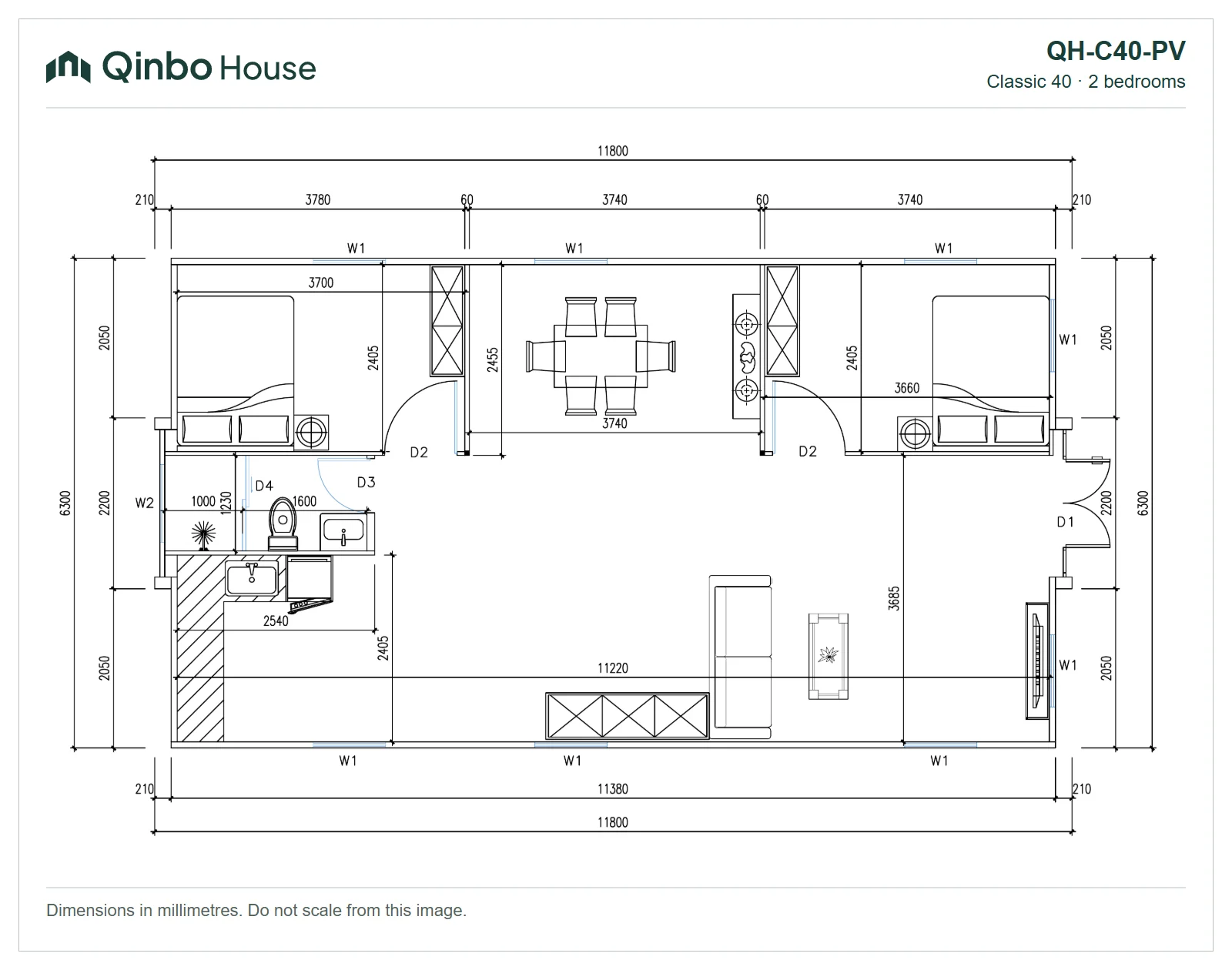 Qinbo Classic 40 2-bedroom floor plan, at opposite ends, showing room arrangement and dimensions.