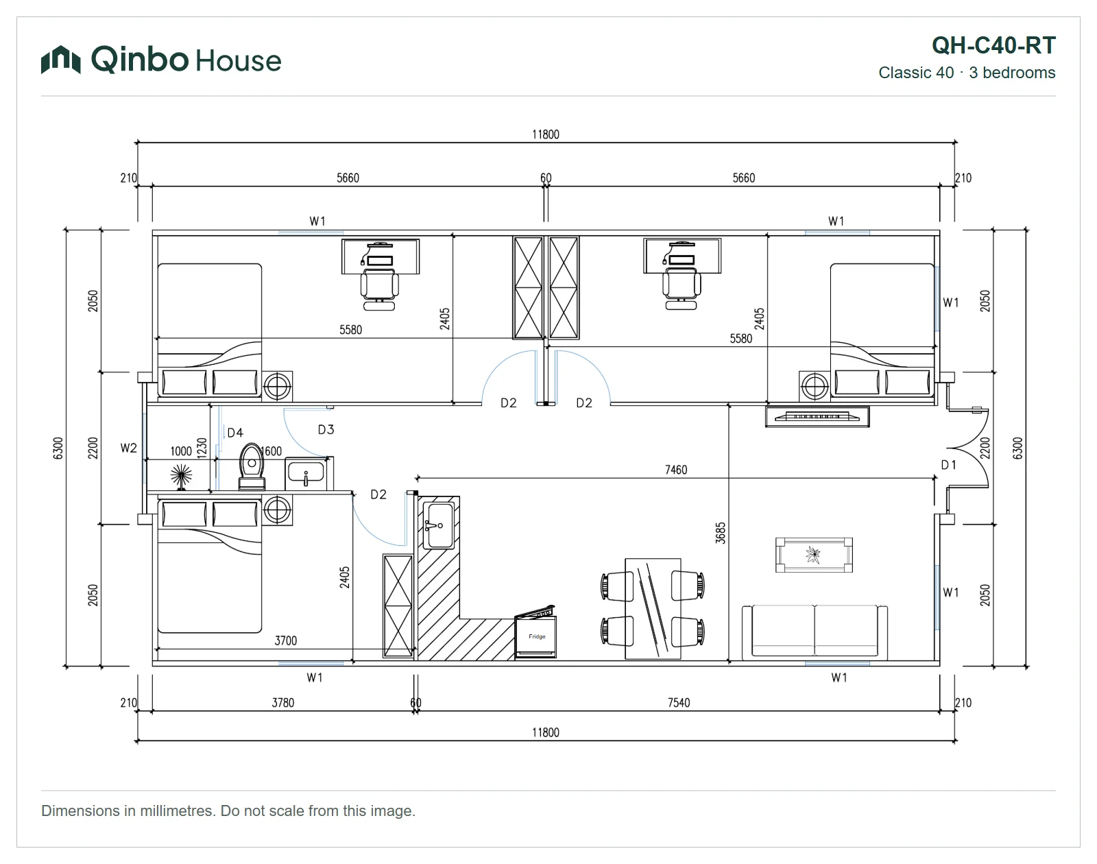 Qinbo Classic 40 3-bedroom floor plan, on both sides, showing room arrangement and dimensions.