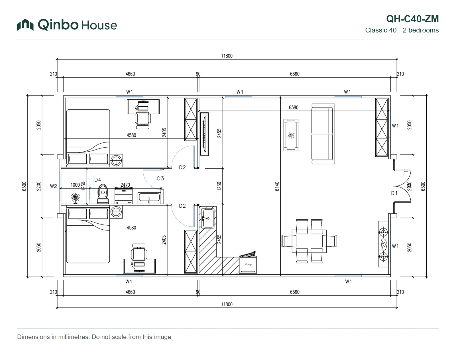 Qinbo Classic 40 2-bedroom floor plan, together at one end, showing room arrangement and dimensions.
