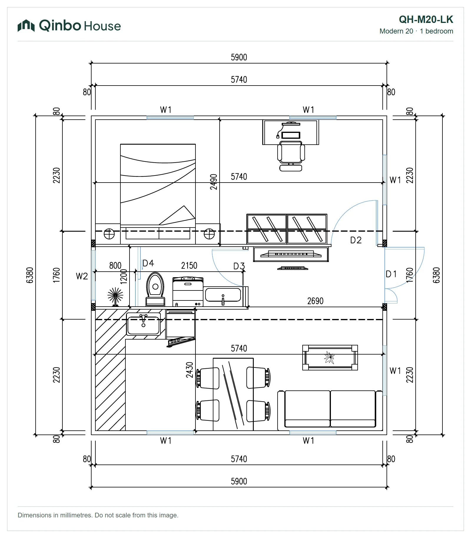 QH-M20-LK-2D Qinbo Modern 20 one-bedroom floor plan with a bathroom, kitchen and living area, and dimensions in millimetres.