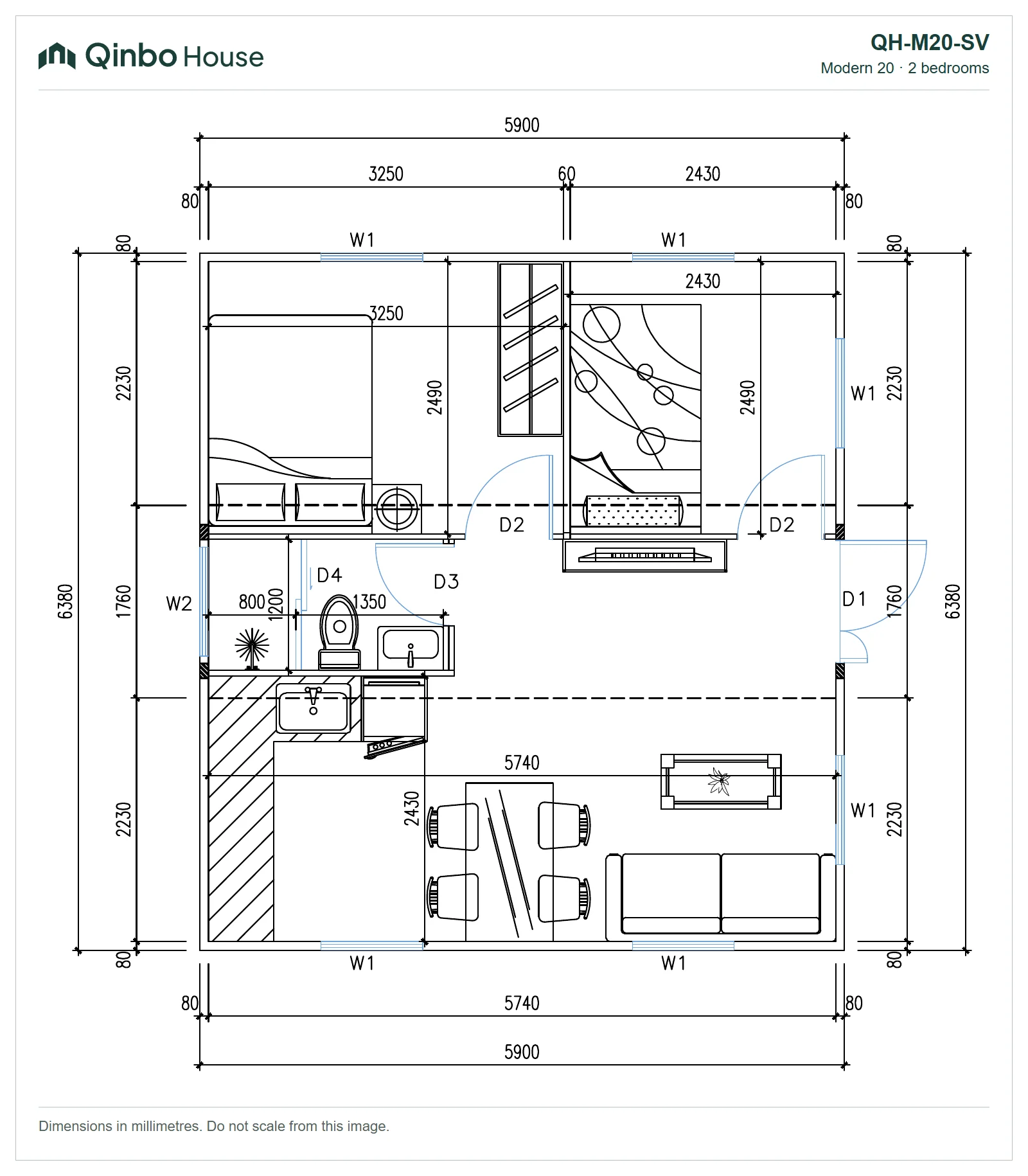 QH-M20-SV-2D Qinbo Modern 20 two-bedroom floor plan with a bathroom, kitchen and living area, and dimensions in millimetres.