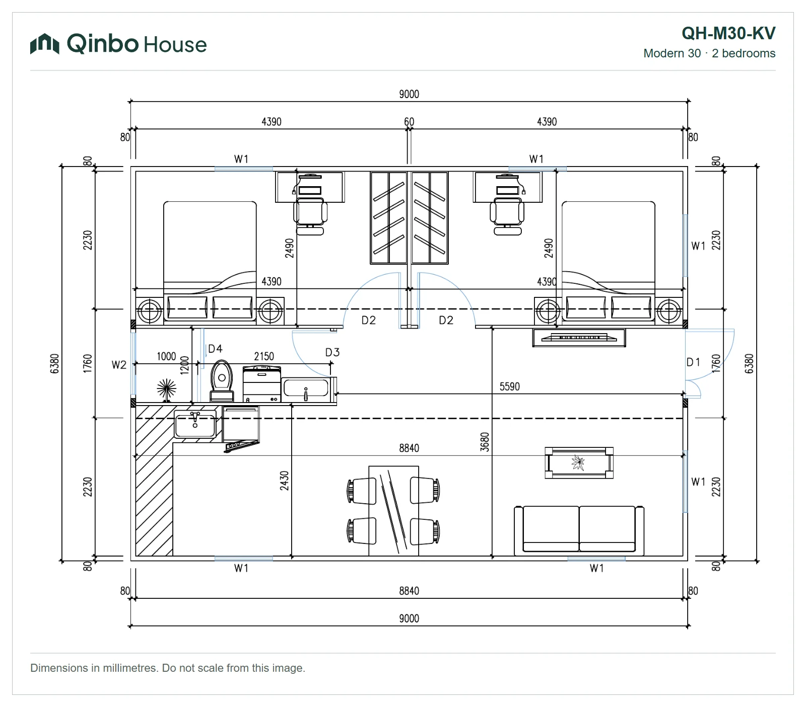 QH-M30-KV-2D Qinbo Modern 30 two-bedroom floor plan with bedrooms along one side, showing room arrangement and dimensions.