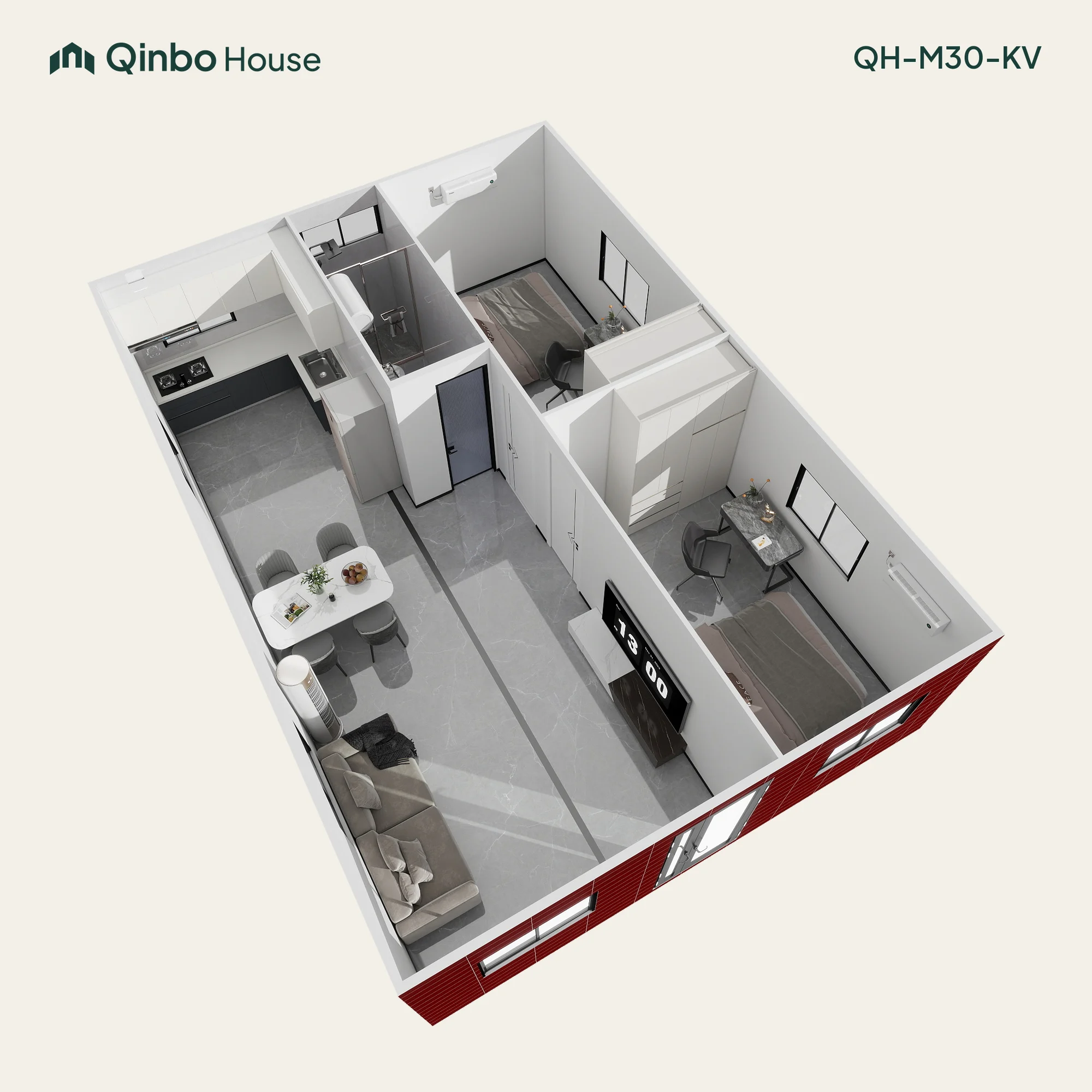 Both bedrooms run along one side, beside the open living and dining area.