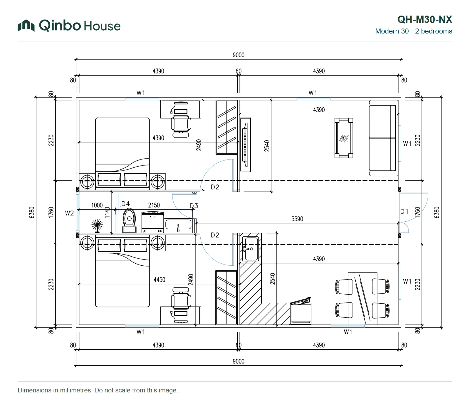 QH-M30-NX-2D Qinbo Modern 30 two-bedroom floor plan with both bedrooms at one end, showing room arrangement and dimensions.