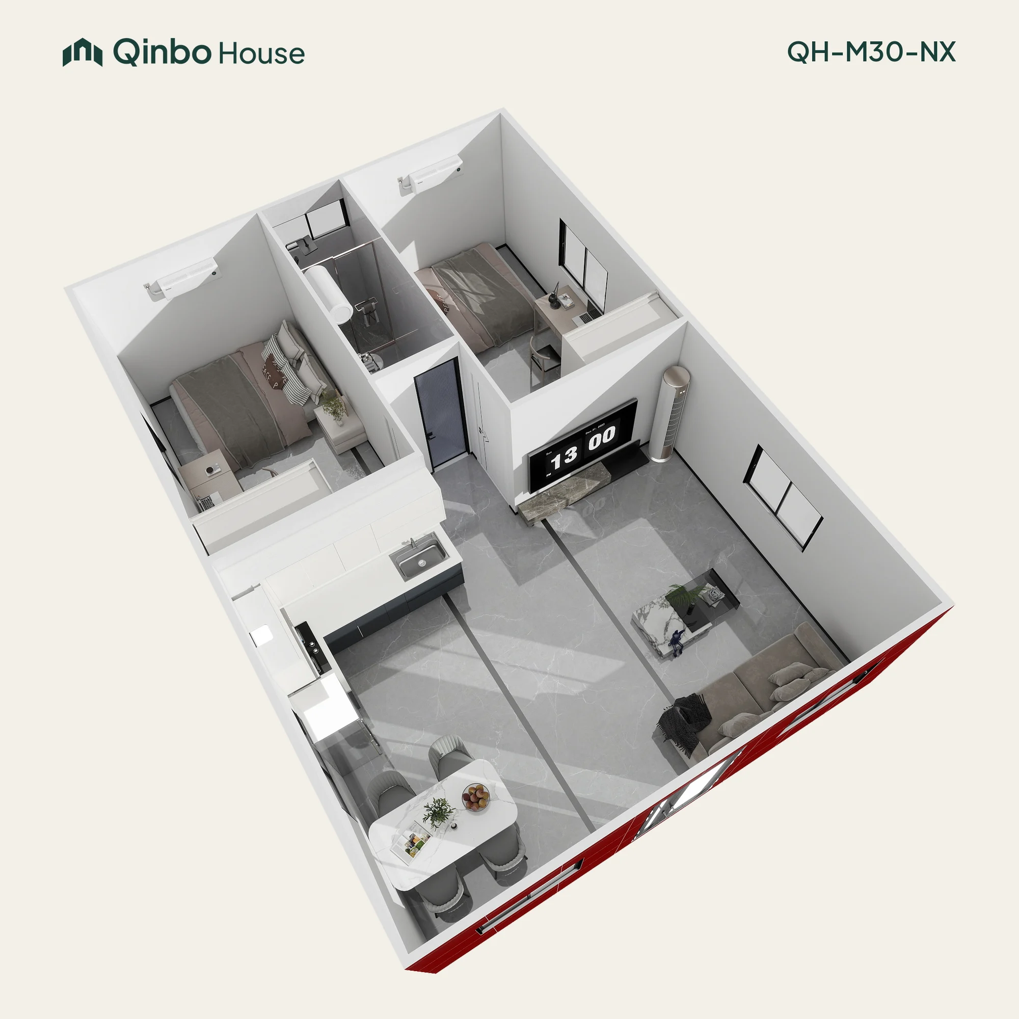 Both bedrooms sit at the same end, with living and dining in front.