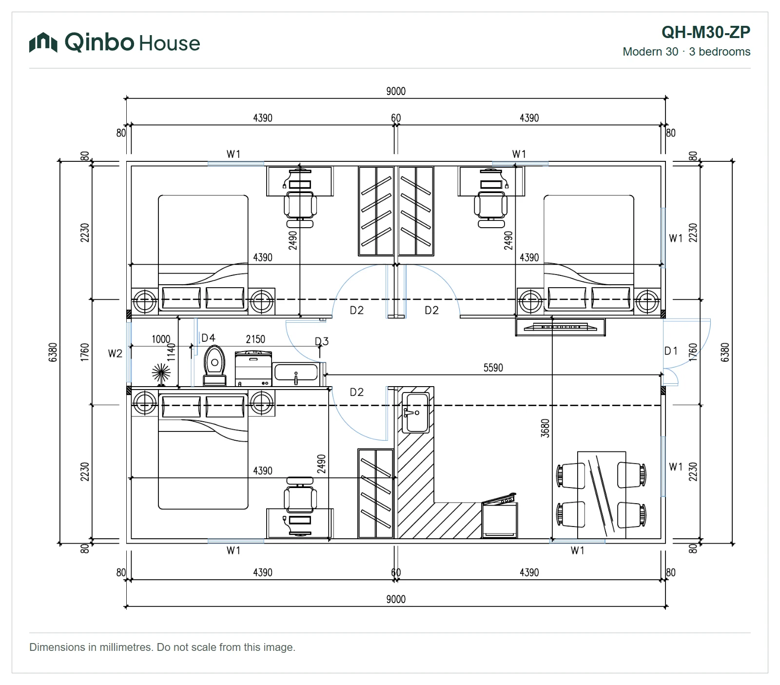 QH-M30-ZP-2D Qinbo Modern 30 three-bedroom floor plan showing room arrangement and dimensions.