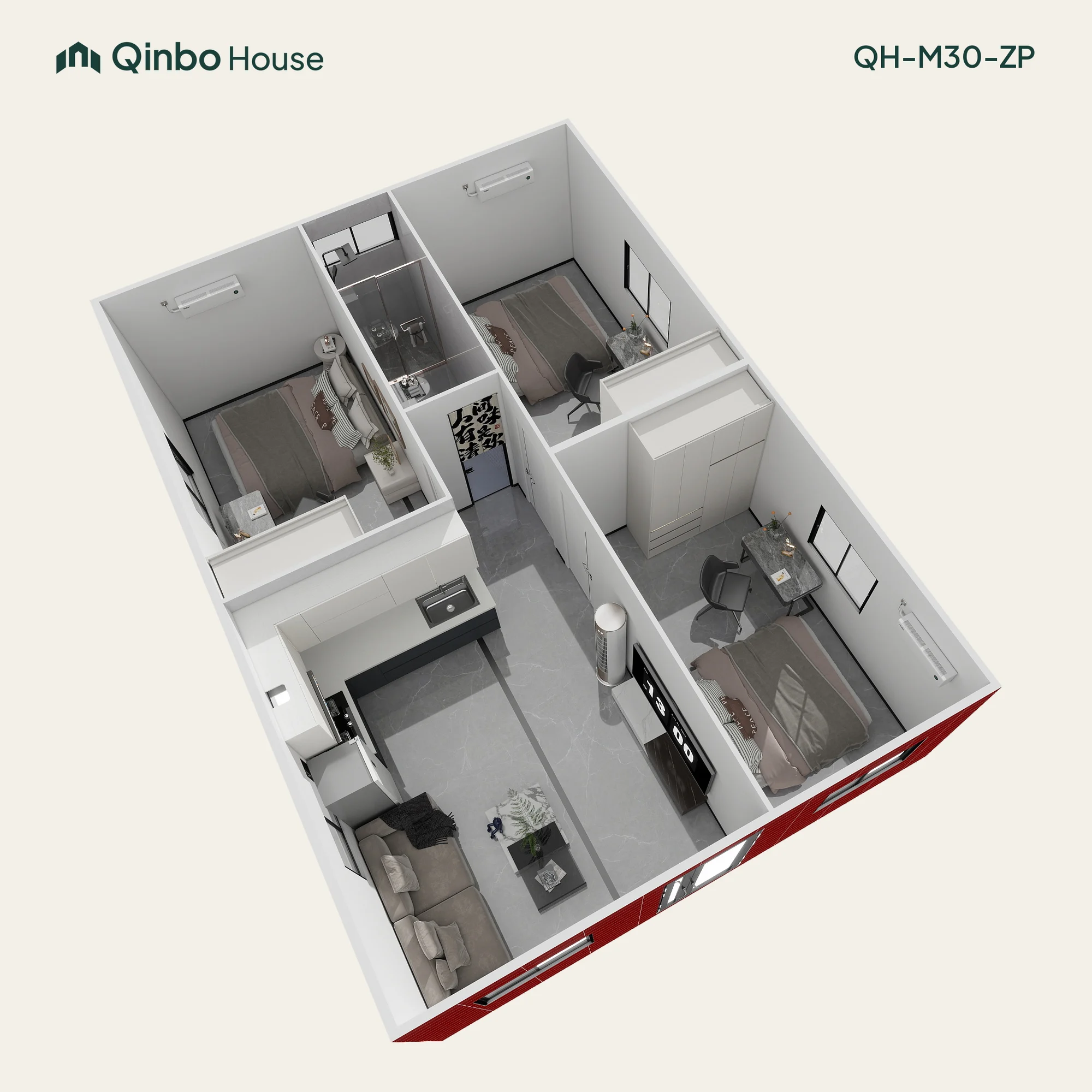 Two bedrooms occupy one side, with a third across the central passage.