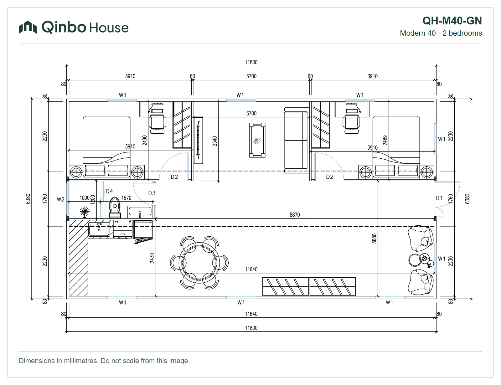Qinbo Modern 40 — 2 bedrooms, opposite ends — QH-M40-GN — 2D floor plan Qinbo Modern 40 2-bedroom floor plan, opposite ends, showing room arrangement and dimensions.