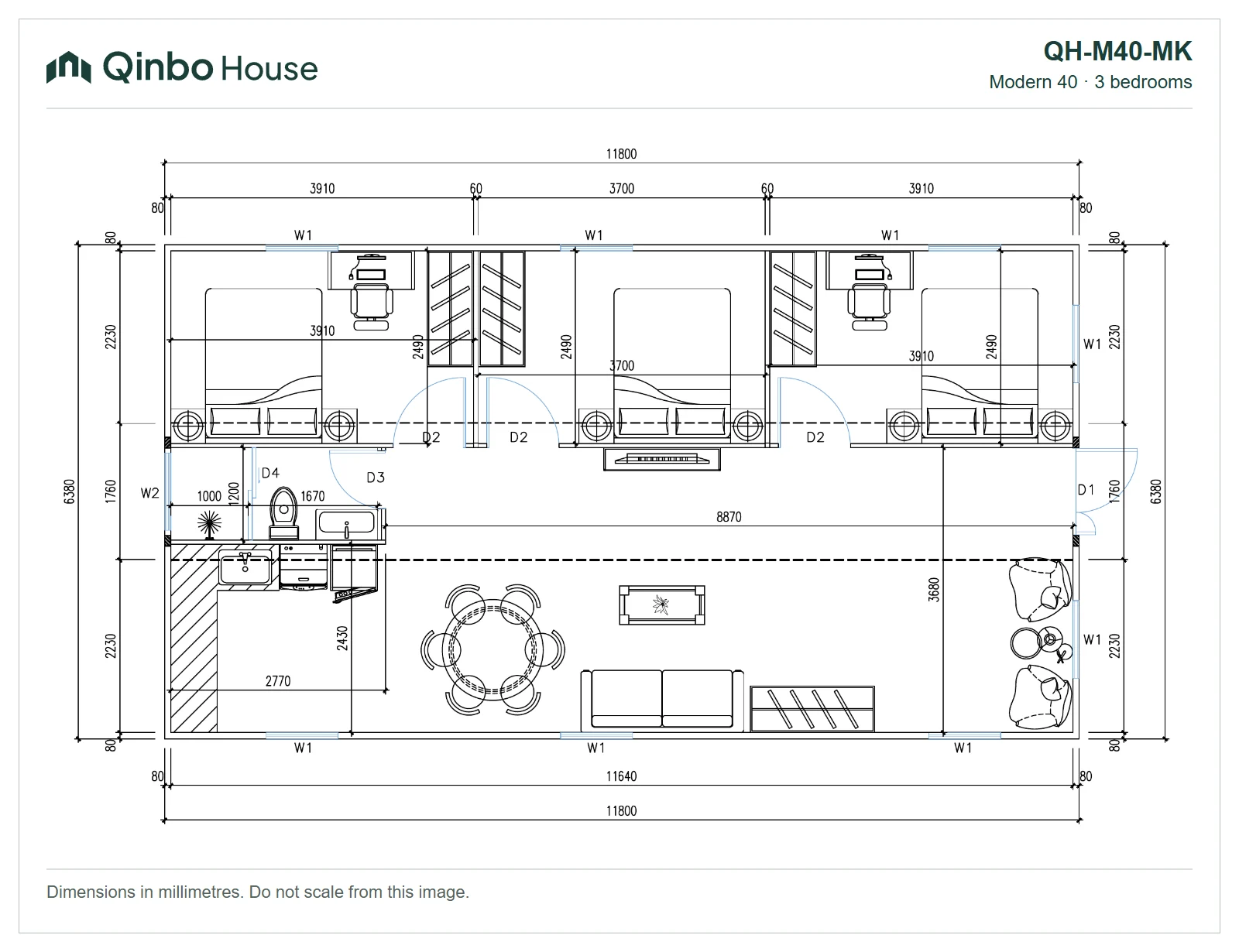 Qinbo Modern 40 — 3 bedrooms, along one side — QH-M40-MK — 2D floor plan Qinbo Modern 40 3-bedroom floor plan, along one side, showing room arrangement and dimensions.